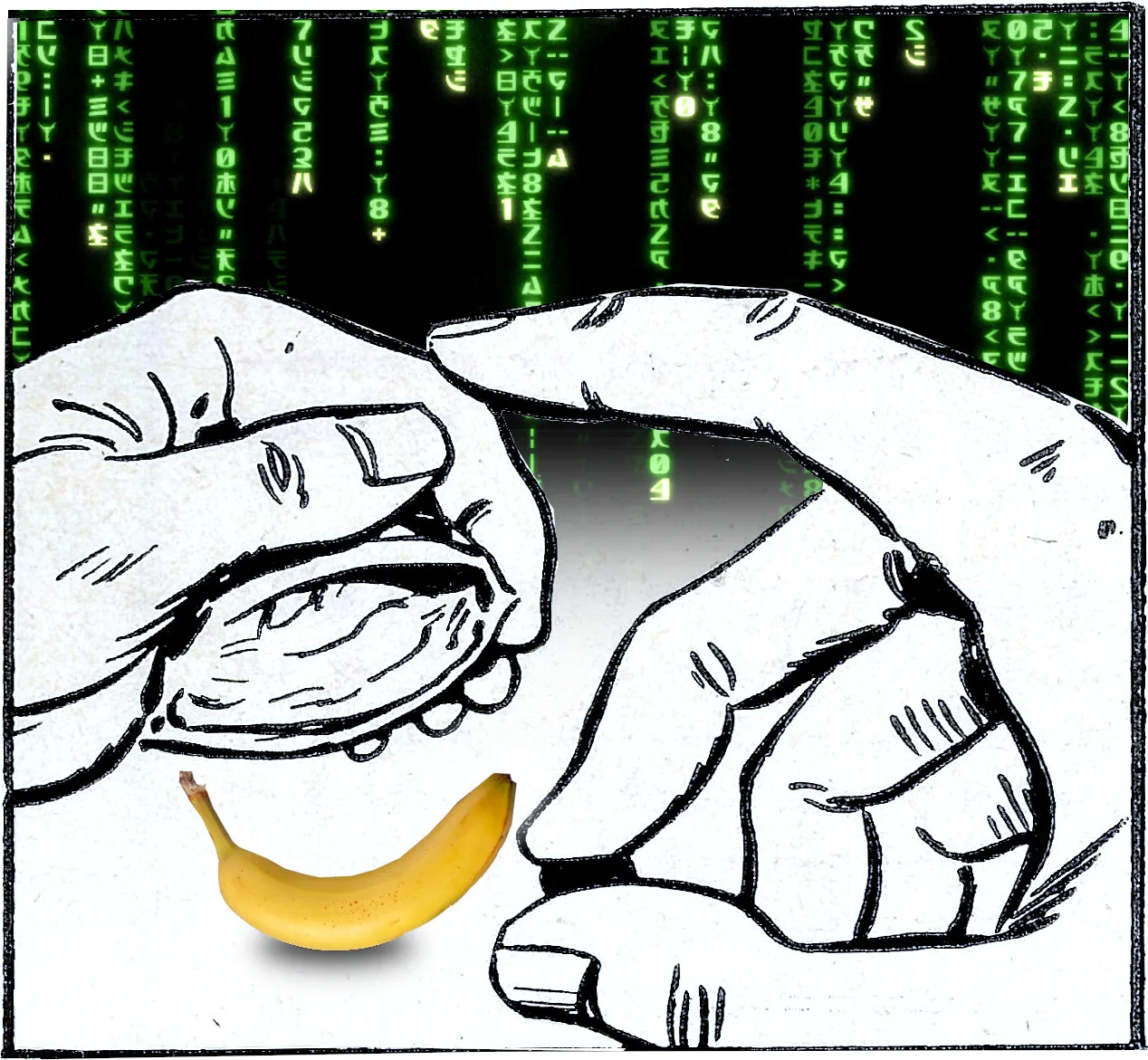 comic-book panel illustrating the final stage of the shell game, in which the con artist lifts the shell to reveal nothing beneath it. I have inserted a banana, making it appear as though that was what was hidden under the shell. The background of the panel has been altered to insert the ‘code waterfall’ effect from the Wachowskis’ Matrix movies. The code waterfall fades out halfway down the image.