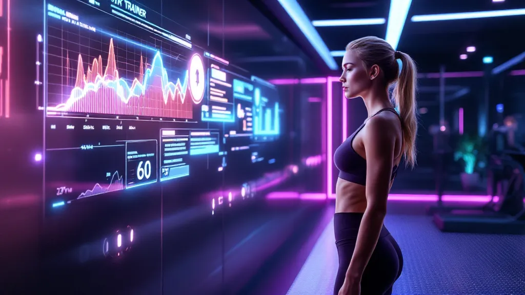 A futuristic gym with advanced AI-powered fitness technology. A fit blonde woman wearing sleek, high-tech workout clothing interacts with a holographic virtual trainer displaying real-time health and performance metrics. The gym is illuminated with neon blue lighting, featuring smart workout equipment and wearable AI devices, creating a modern, high-tech fitness environment.