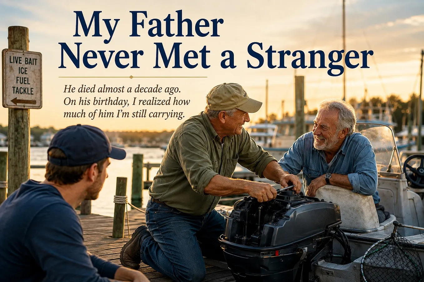 A father helps a stranger repair his boat engine at a marina while his son watches, illustrating a lifelong lesson about kindness, dignity, and human worth.