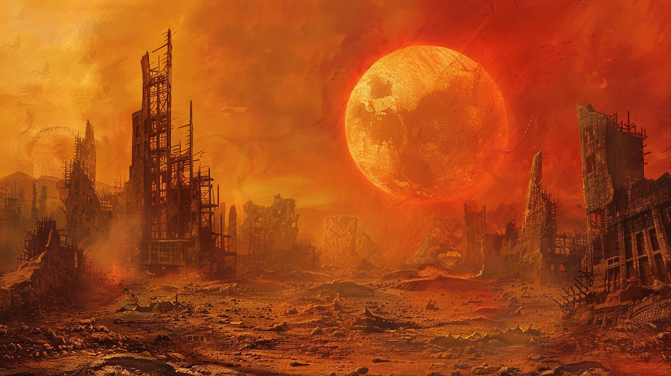 Dystopian landscape, a city in ruin, a big orange sun in the sky, intense heat.