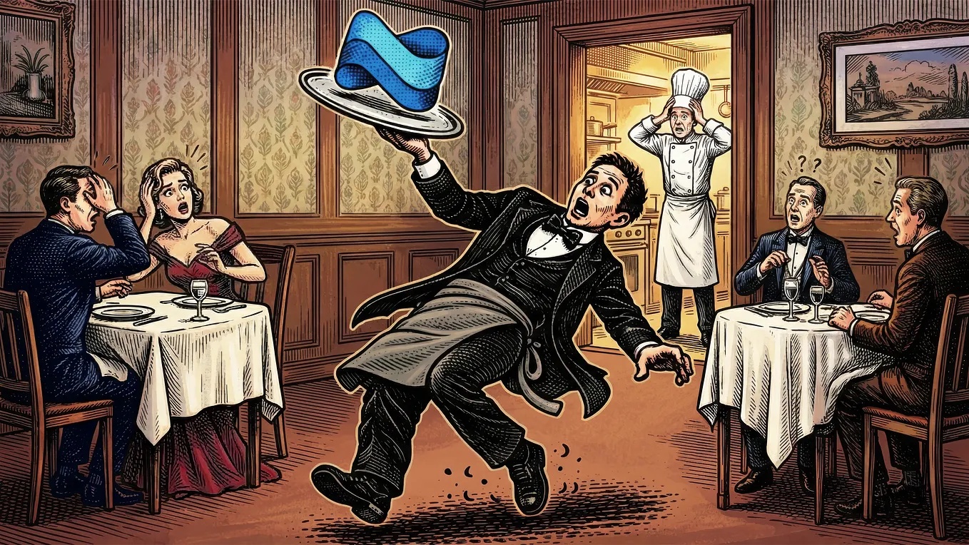 Illustration of a waiter in a vintage restaurant tripping and falling while a tray flies into the air, sending a logo of Microsoft Intune tumbling, as shocked diners and a distressed chef look on.