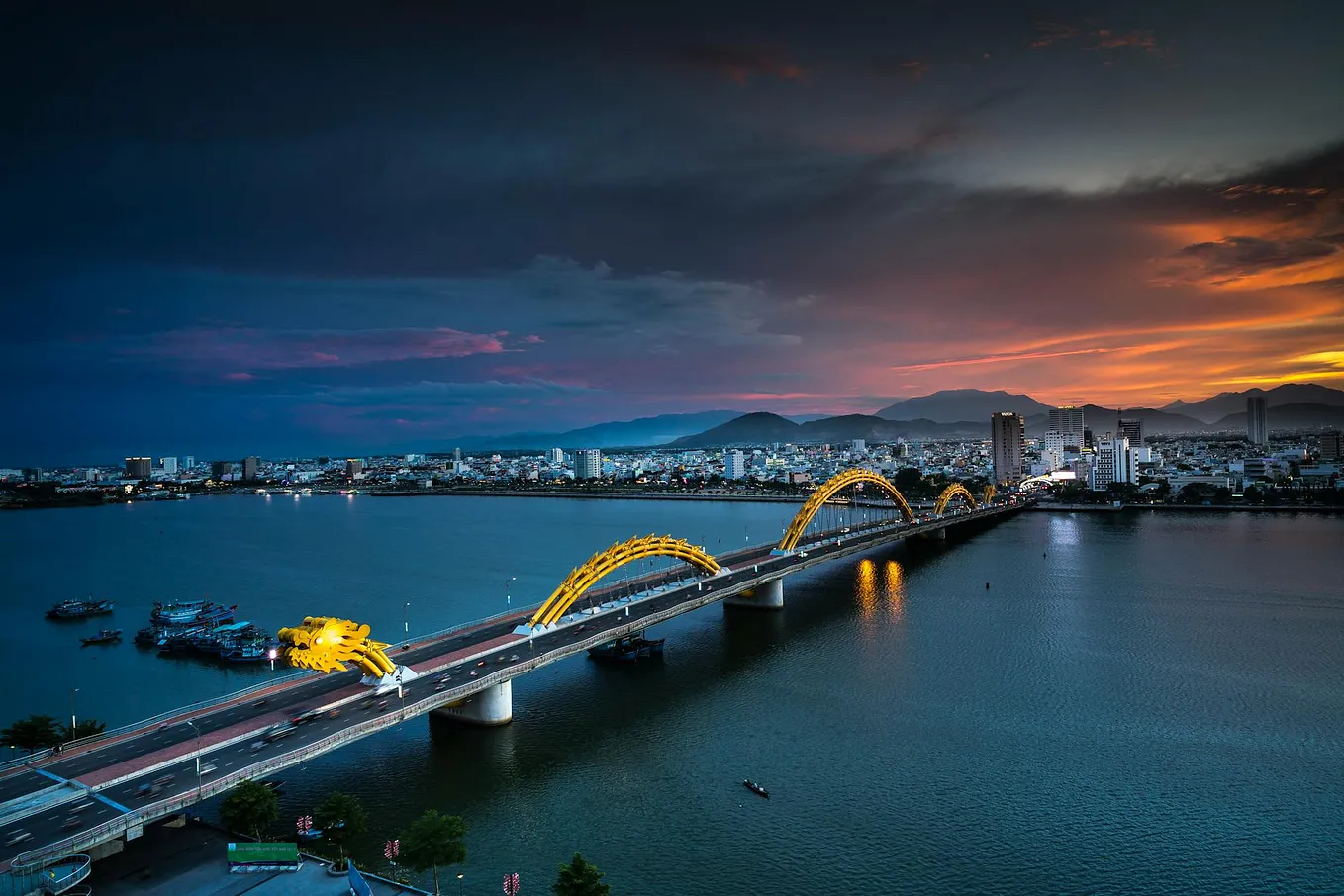 Birds eye view of the dragon bridge in Da Nang.