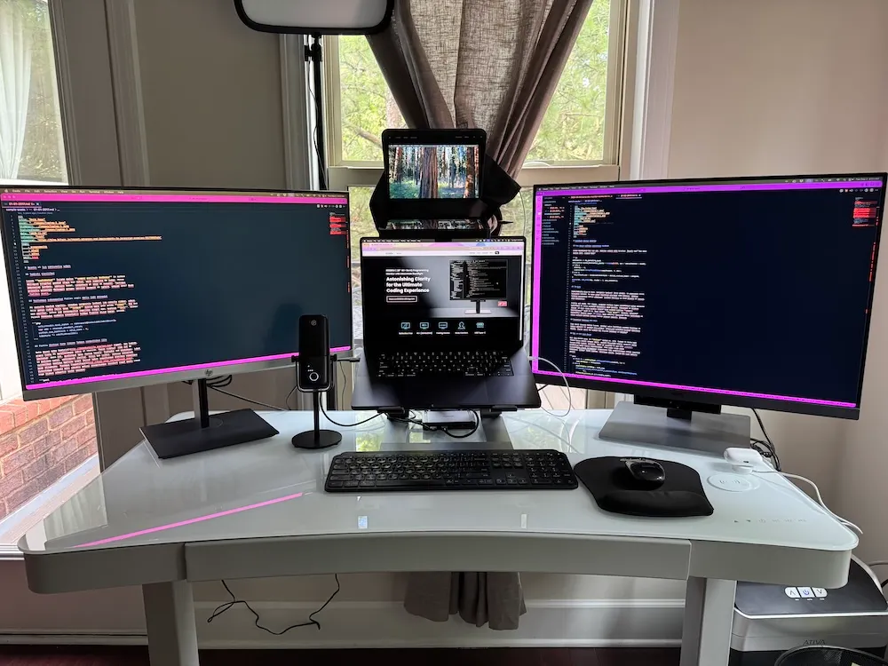 Photo of current work from home setup with new BenQ RD280U Programming monitor on right hand side