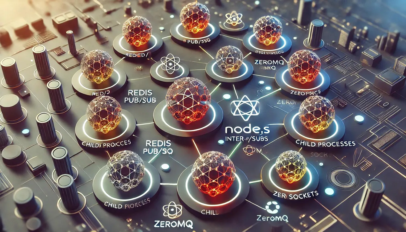 A conceptual illustration of Node.js inter-process communication (IPC) methods. The image features interconnected nodes symbolizing processes, linked by vibrant lines representing communication. Visual references to Redis Pub/Sub, child processes, ZeroMQ, and socket communication are subtly integrated. The design is modern and tech-focused, with a programming theme and a hint of the Node.js logo in the background