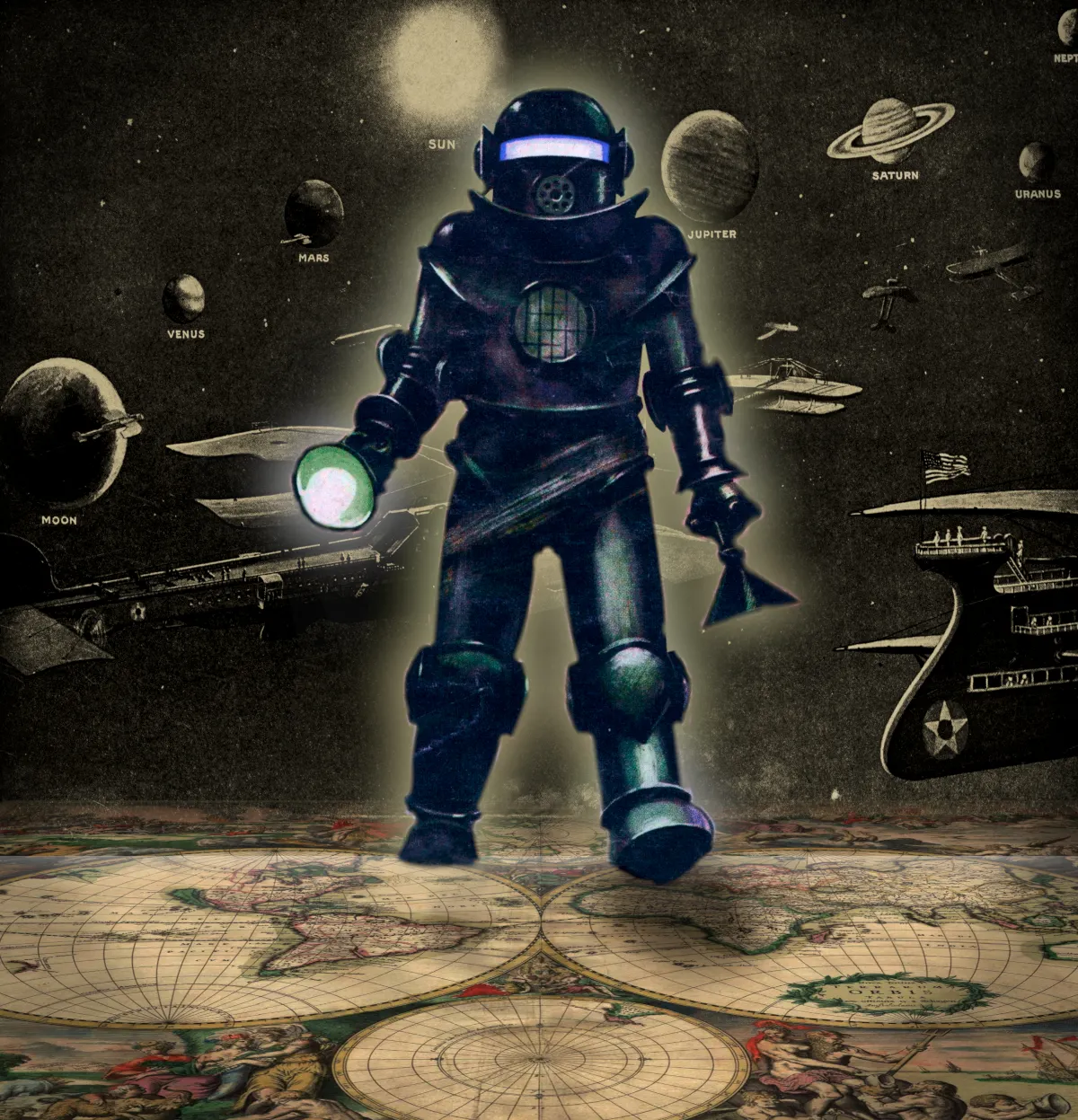 A giant killer pulp robot bestriding a 17th century map of the world, against an illustrated backdrop of the stars and planets and spaceships from an early 20th century picture-book.
