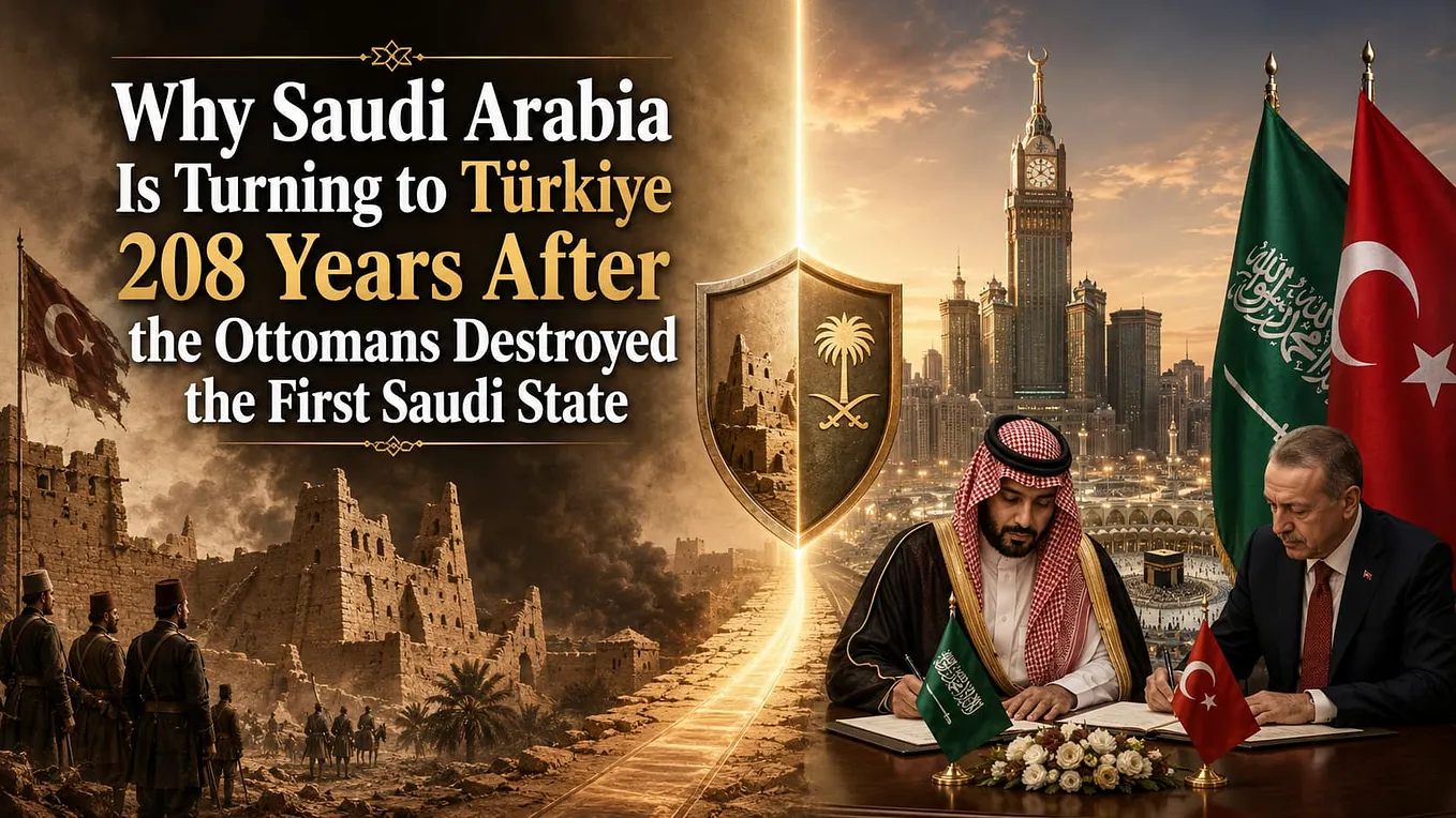 Editorial illustration contrasting the Ottoman destruction of Diriyah in 1818 with modern Saudi-Türkiye defence cooperation, showing historical ruins, Saudi and Turkish symbols, and a contemporary pact-signing scene.