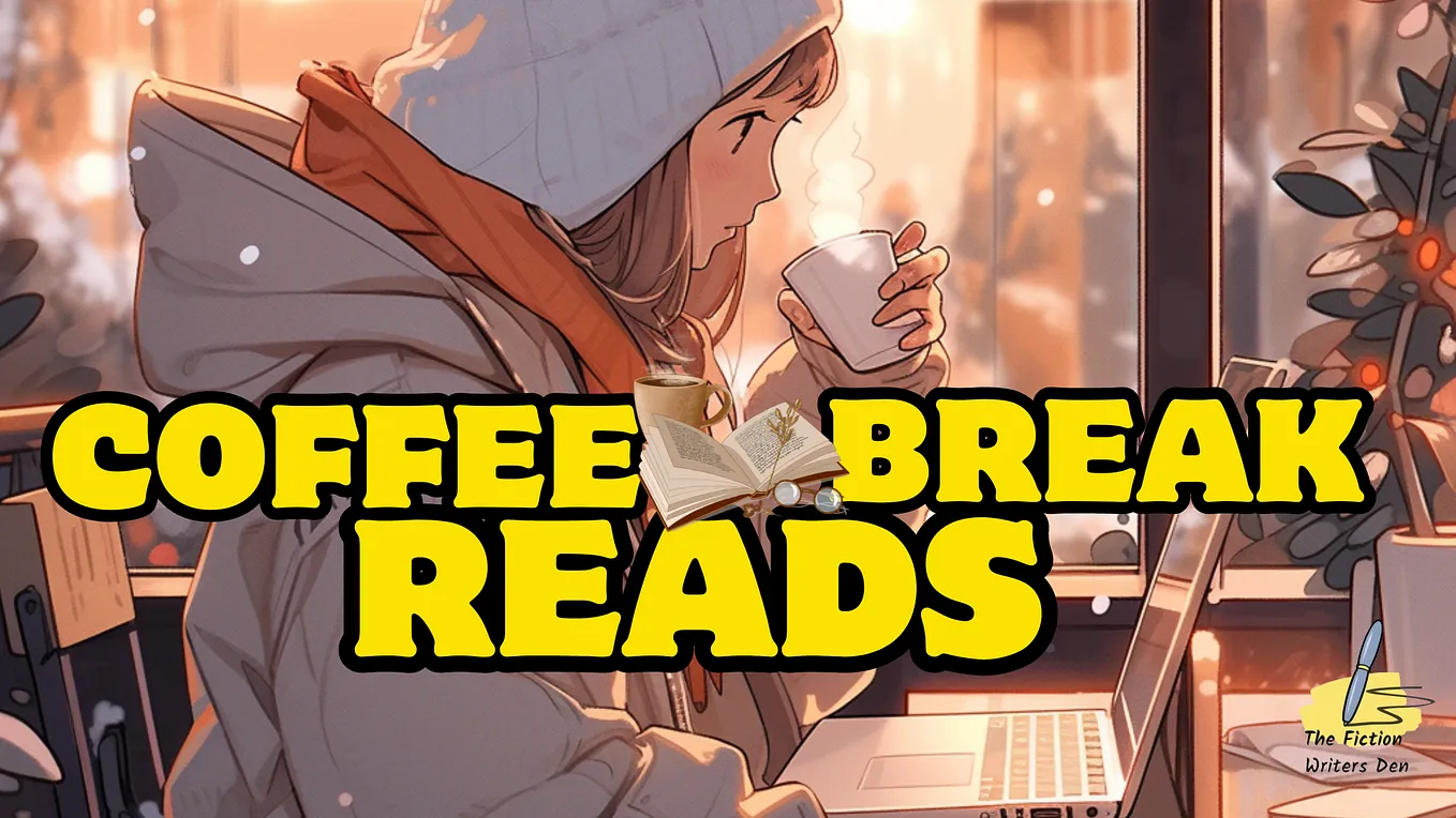 Cartoon of a young woman at a laptop, holding coffee, plus the words coffee break reads