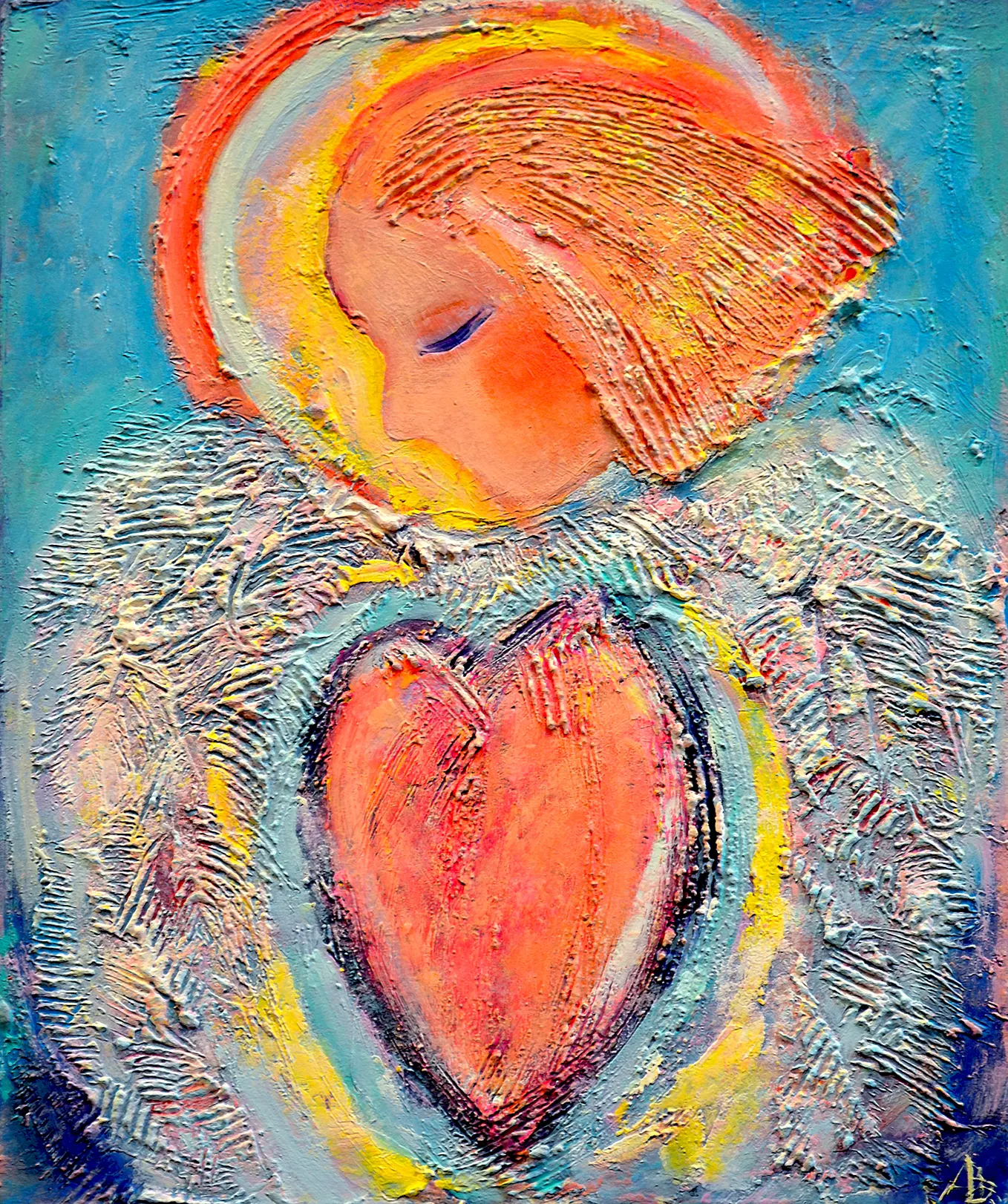Textured abstract painting of a woman with her heart open and eyes closed. Bright blue background and warm pink-orange figure with white textured body. It could be wings or arms. She’s calm and at peace.