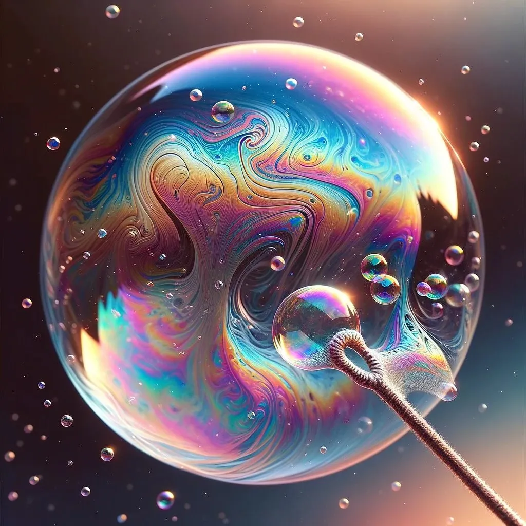 IMAGE: A hyper-realistic, close-up illustration of a soap bubble being blown up, capturing the moment the bubble forms and starts to expand, highlighting the glossy and reflective surface with rainbow-like colors due to light interference. The blurred background emphasizes the bubble’s delicate structure and dynamic motion