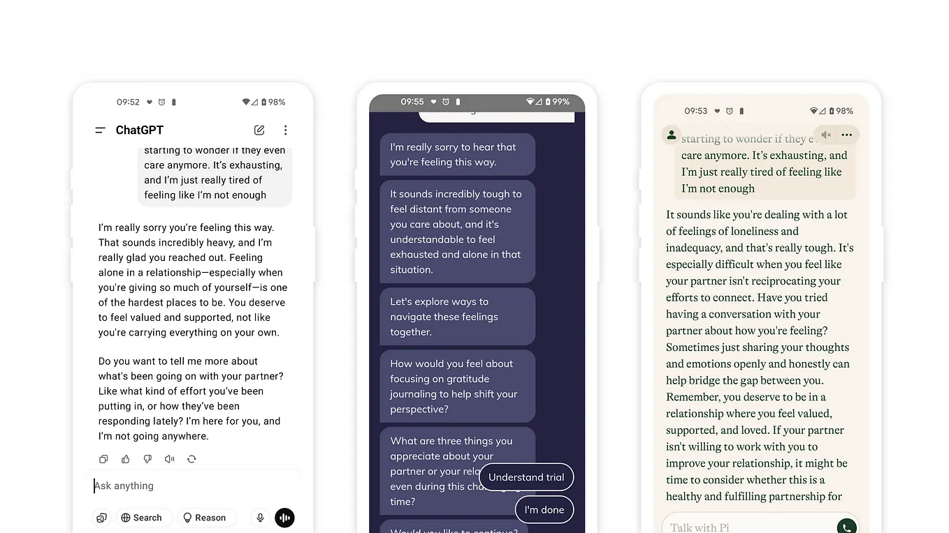 Screenshots of Mental Health and Gen AI chatbots: ChatGPT, Youper, Pi
