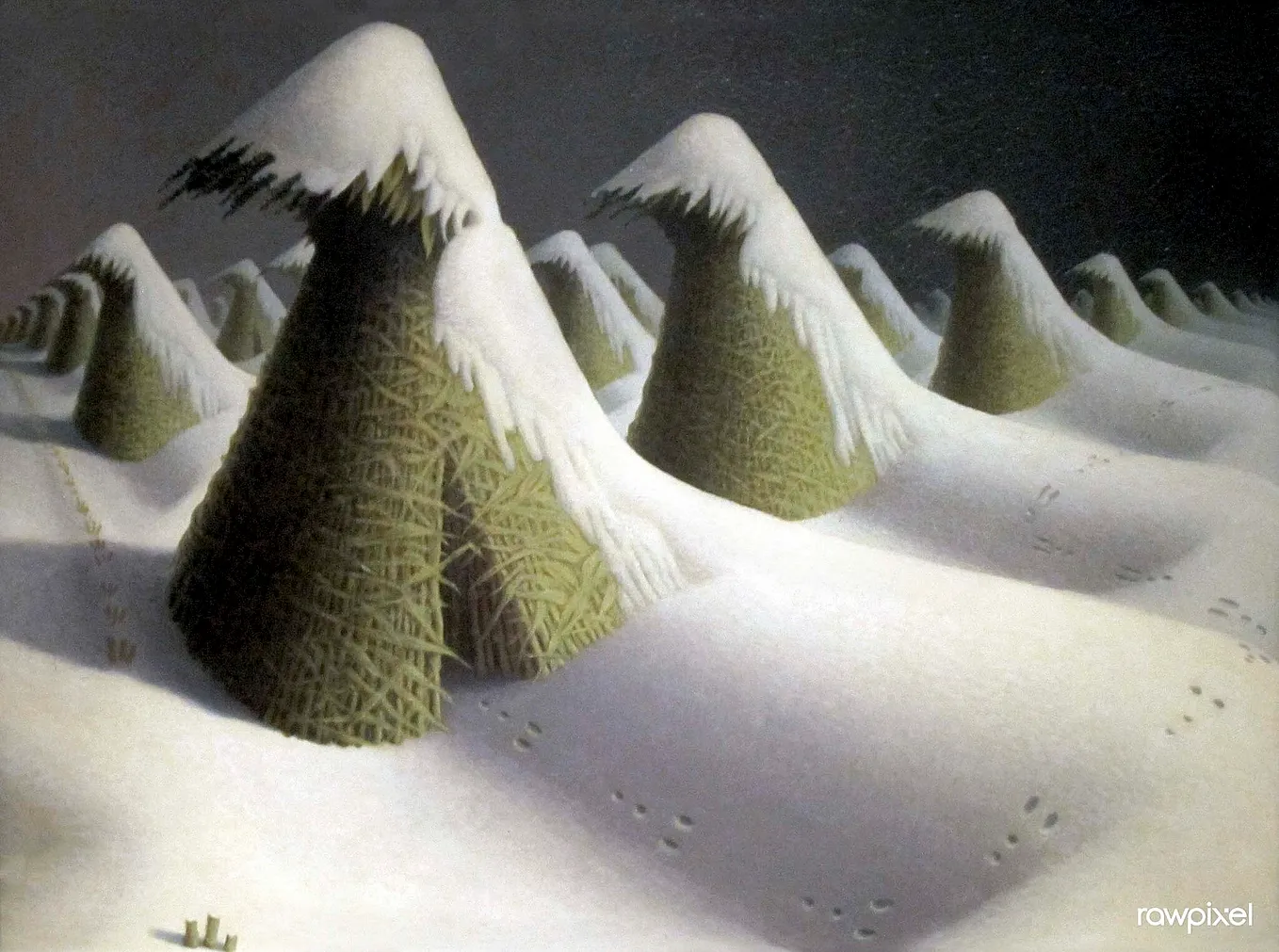 Painting of a field of snow-covered corn shocks with rabbit tracks in the snow and a dark gray night sky