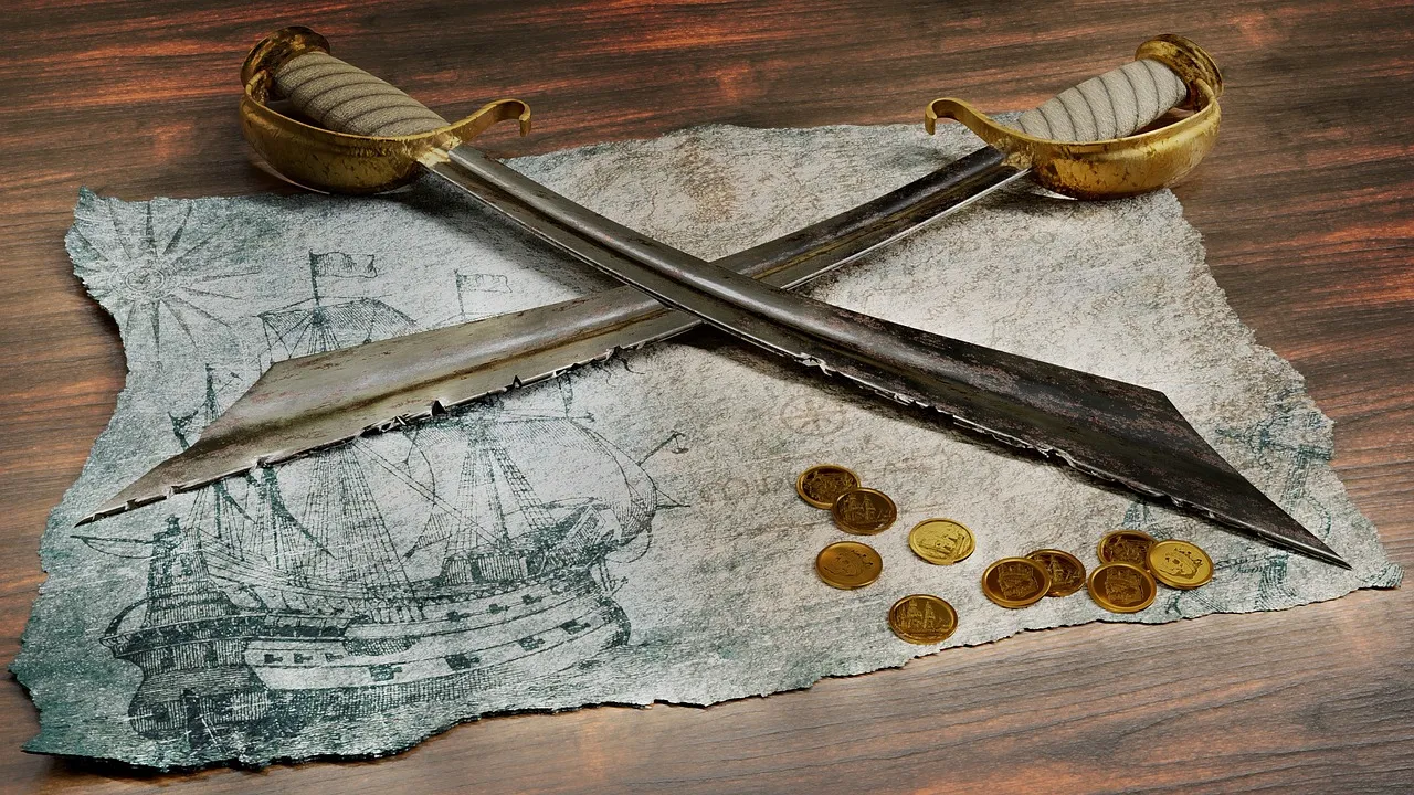 Discovery: Treasure Map for pirates, gold dubloons and crossed cutlasses