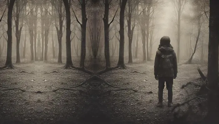 Lonely child in a dark forest.
