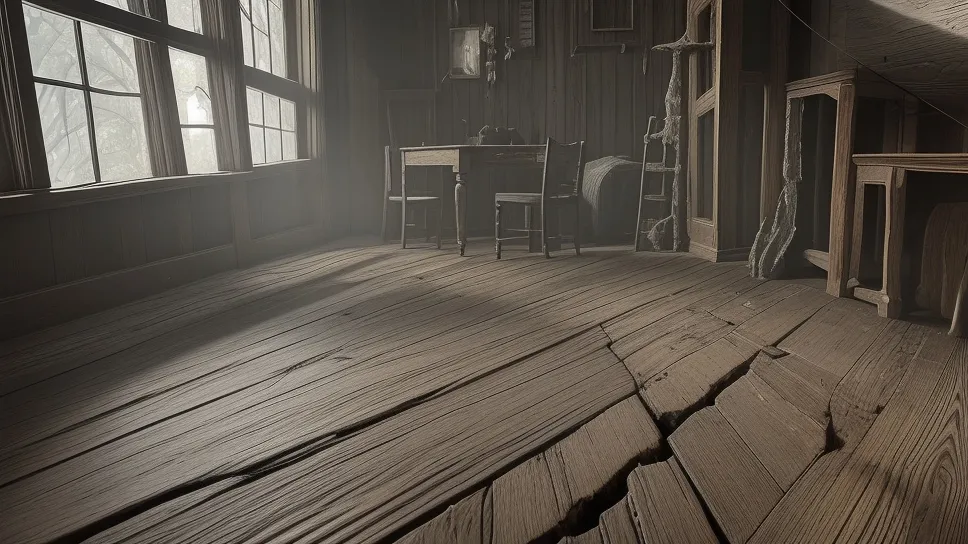 A dimly lit, old wooden floor with cracks between the floorboards, slightly lifted as if something is trying to emerge from underneath.