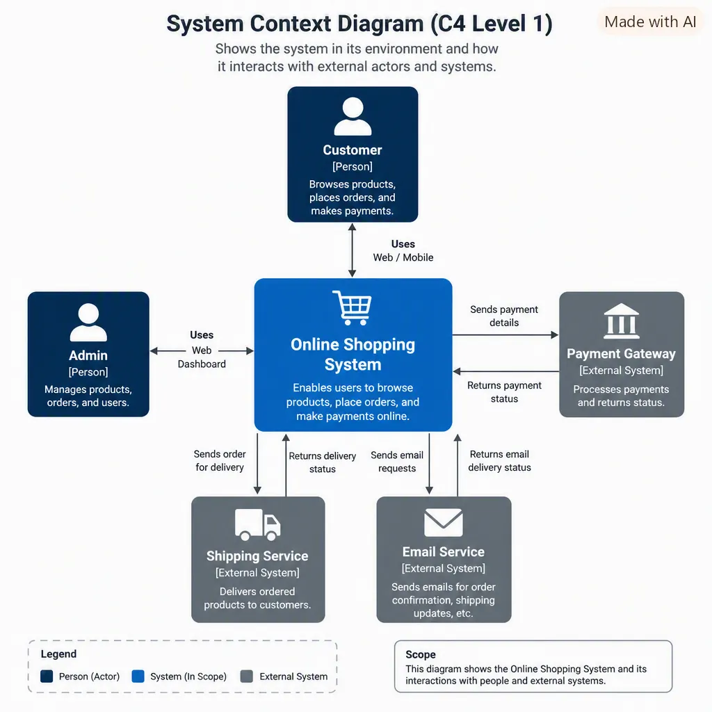 A system context diagram showing the Online Shopping System at the center, connected to external actors and systems. The central box labeled “Online Shopping System” interacts with a “Customer” who browses products and places orders, and an “Admin” who manages products and orders. External systems include a “Payment Gateway” for processing payments, a “Shipping Service” for delivery updates, and an “Email Service” for notifications. Arrows indicate data flow between the system and these entities