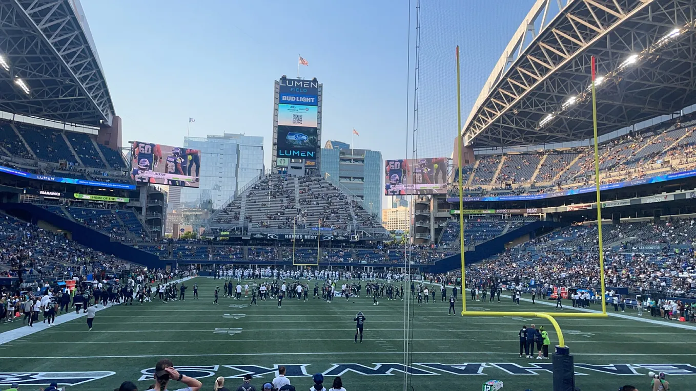 A view of Lumen field from the goal line during team warm ups.