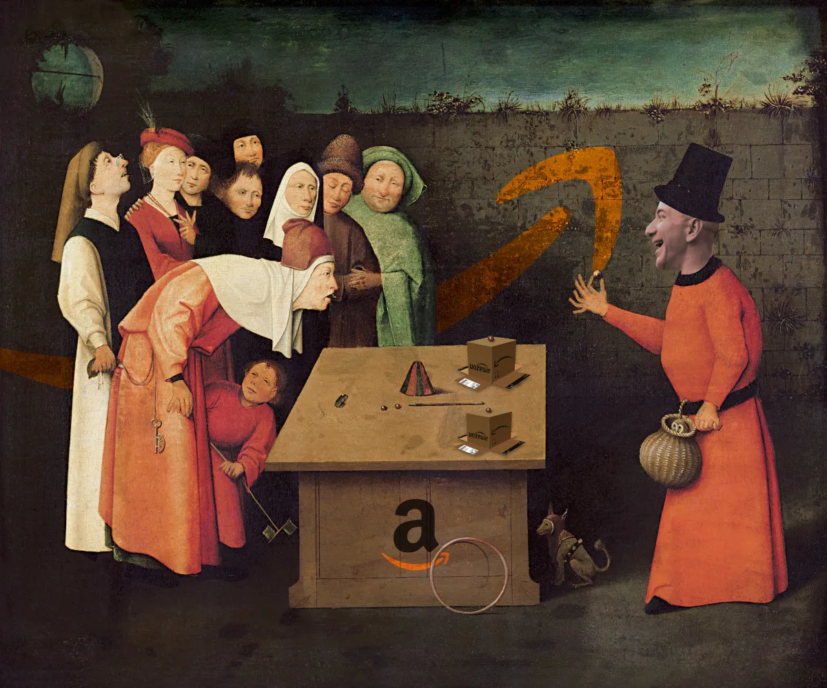 Hieronymus Bosch’s painting The Conjurer. The head of the conjurer has been replaced with Jeff Bezos’s grinning head. There’s an Amazon logo on his table, and another overhead. The cups from his cup-and-ball game have been replaced with inverted Amazon cartons. Every hand visible in the image has had numerous extra fingers painstakingly manually added to it in the hopes of goading a moralizing scold into complaining that this image is AI generated so that I can make fun of them. Image: Doc Searl