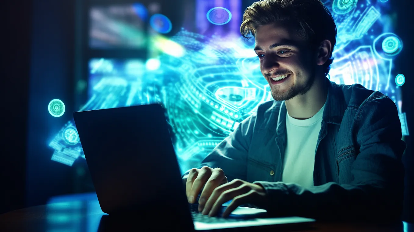 A smiling man in front of his laptop