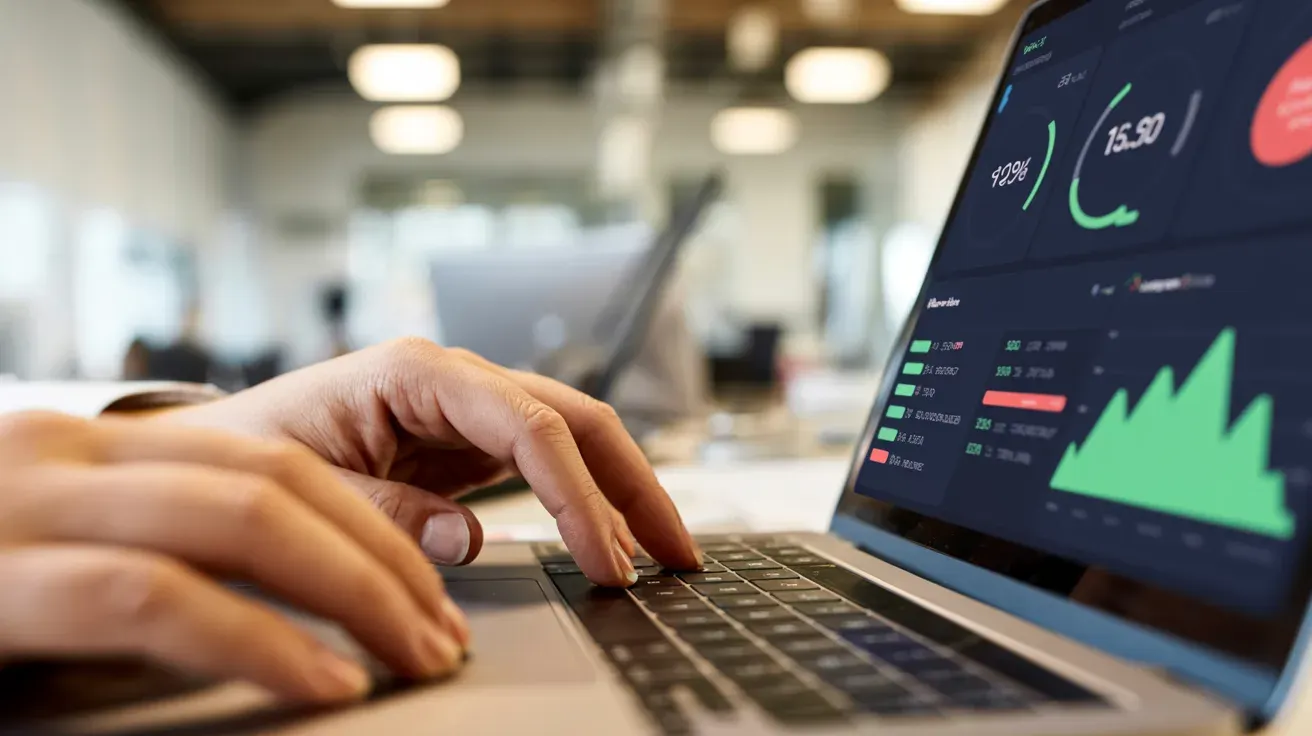 A data analyst’s hands typing on a laptop displaying a dark-mode B2B analytics dashboard with churn metrics, billing health scores, and retention trend charts in a modern office