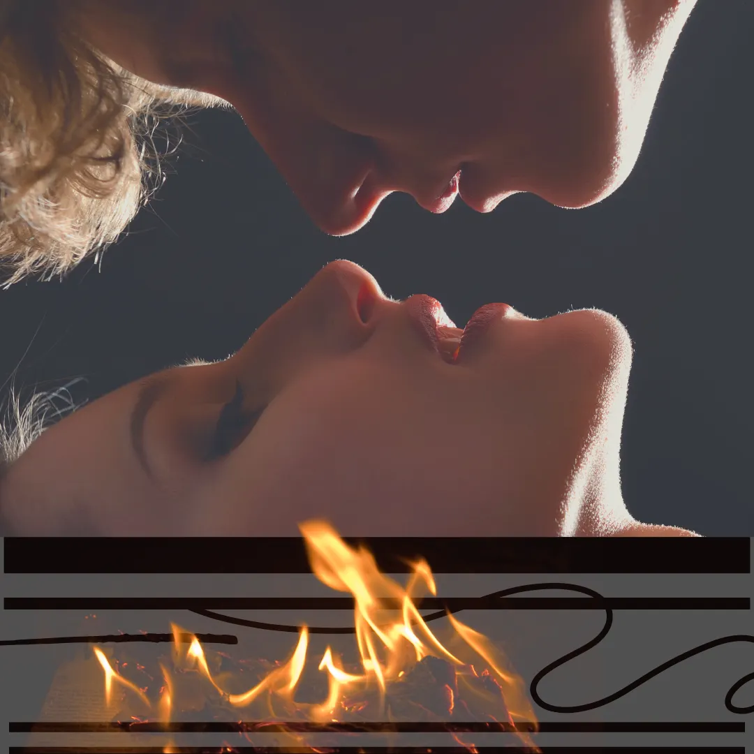 photo of the face of a laying woman, about to receive a kiss from the man above her