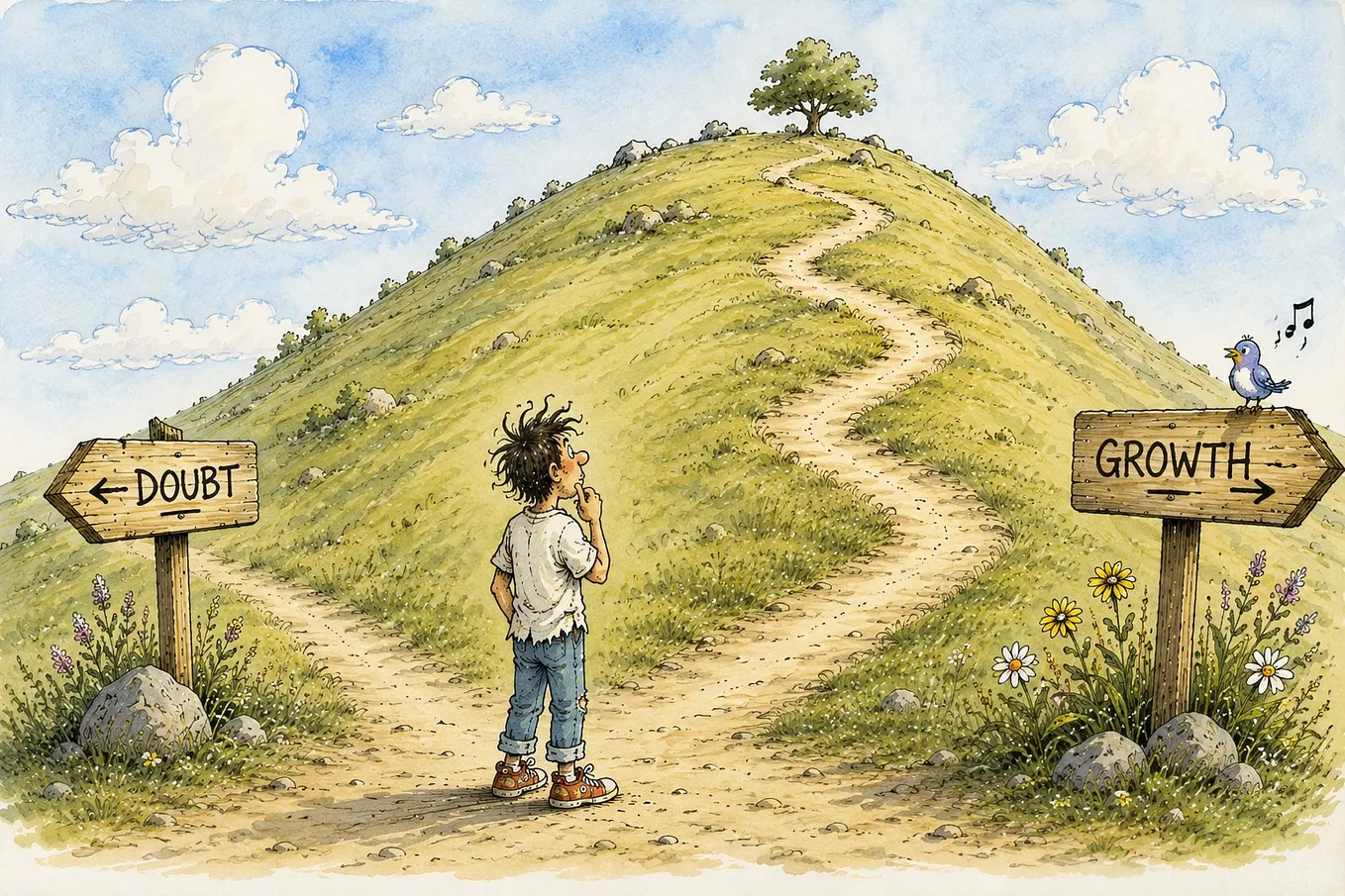man staring at hill with two signs bordering it: Doubt, and Growth.