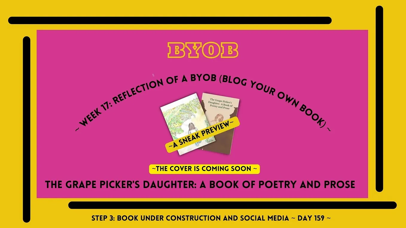 My BYOB book of poetry: yellow background in a pink color frame with 2 books. One of a young girl in a vineyard and the other a woman writing.