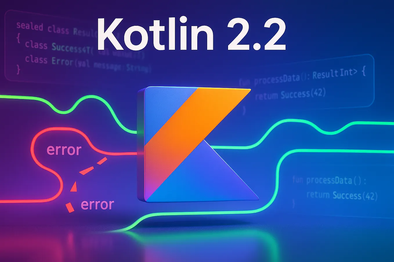 Kotlin 2.2 logo with abstract error handling flow visualization showing sealed result types and exception paths on gradient background