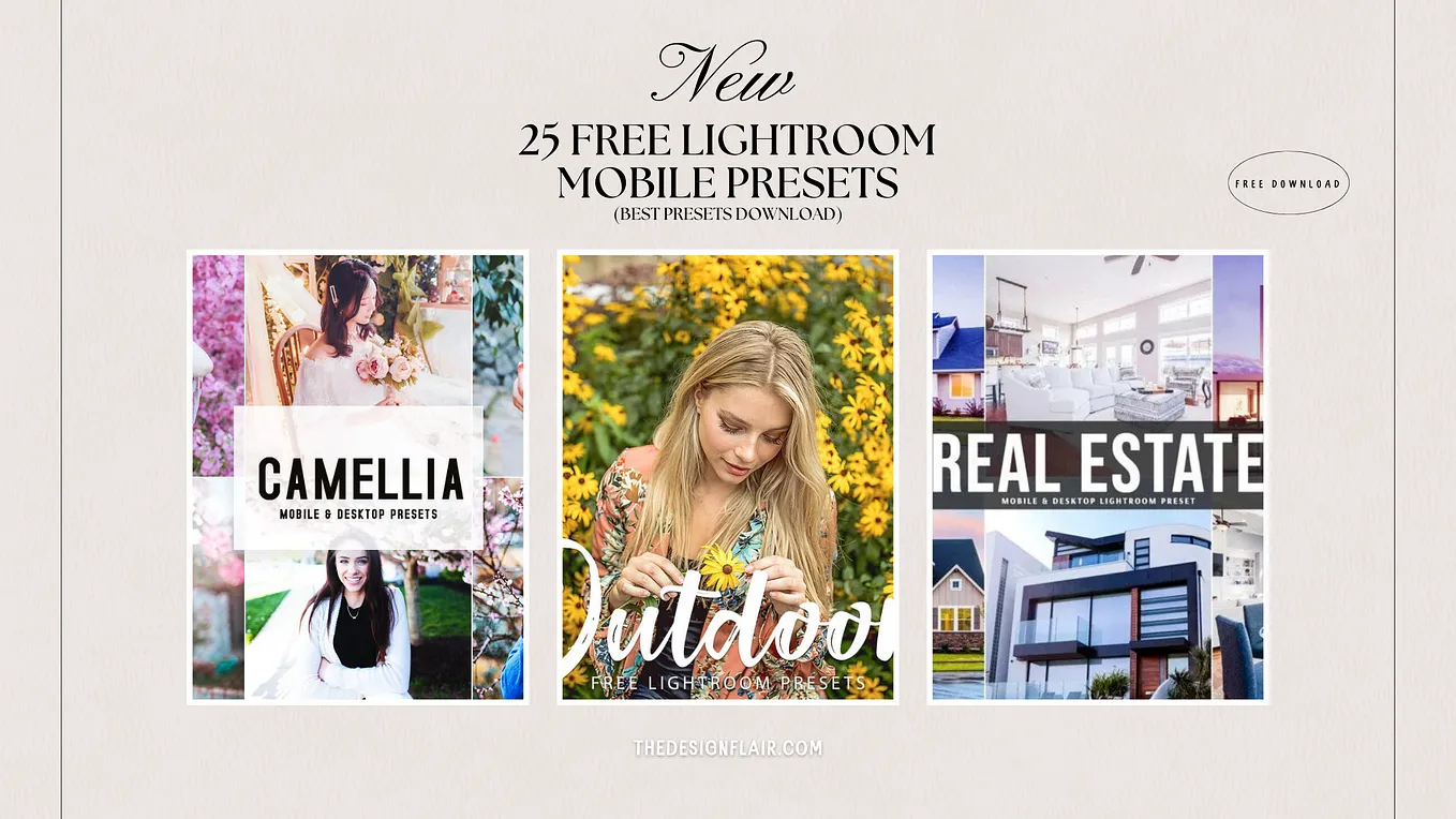 A preview of the post titled ’25 Free Lightroom Mobile Presets (Best Presets Download)’ with 3 featured images.