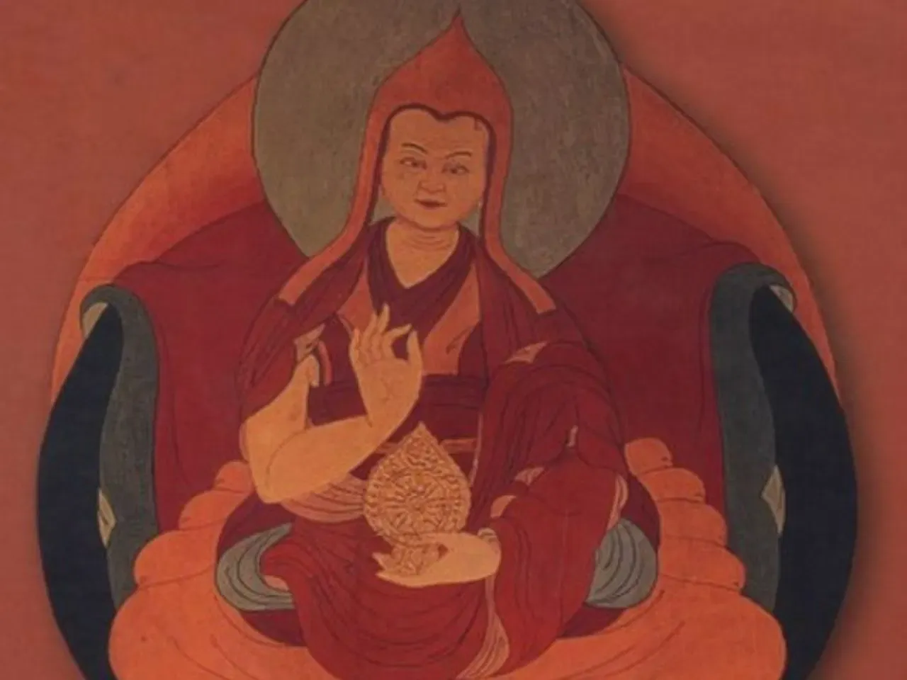 A red-hued painting of the 6th Dalai Lama, holding his hand in a mudra.