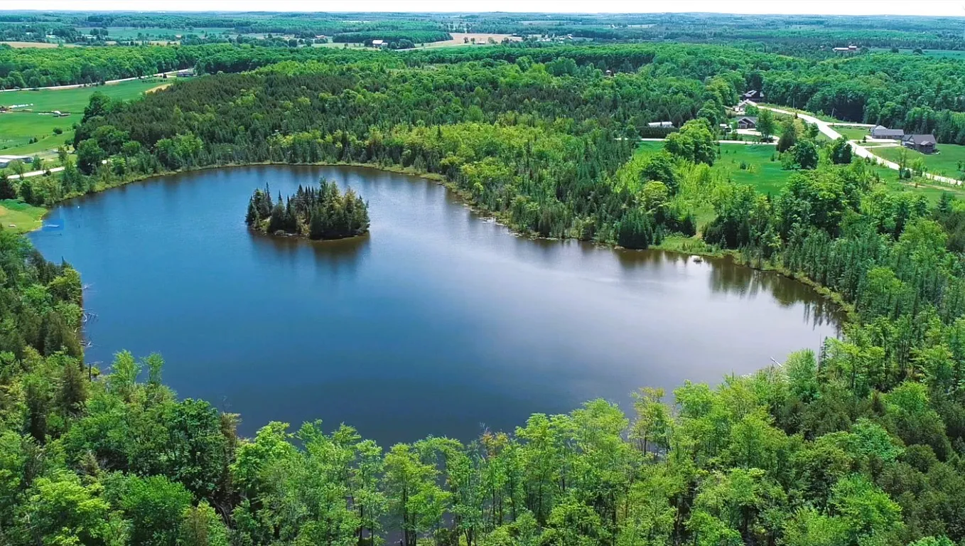 Waterbody name is Curleys Lake, Ontario surrounded by trees and land ready to build a house or cabin