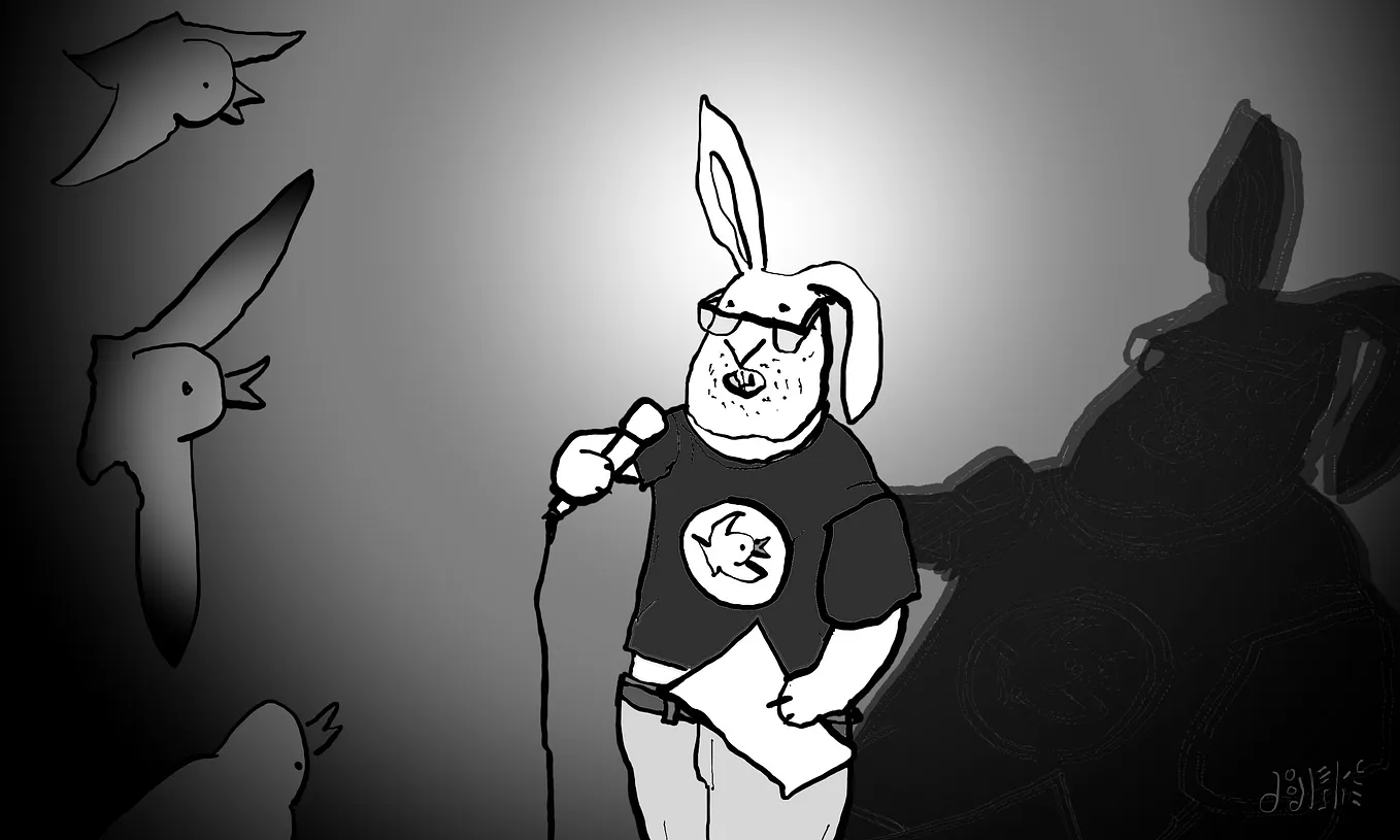 Cartoon of an anthropomorphic bunny dresssed in a tshirt and jeans holding a microphone. He is standing in a spotlight casting a heavy shadow. His audience are three birds. He is holding a piece of paper in his other hand/paw. The image is in black and white and shades of gray. Art by Doodleslice 2024