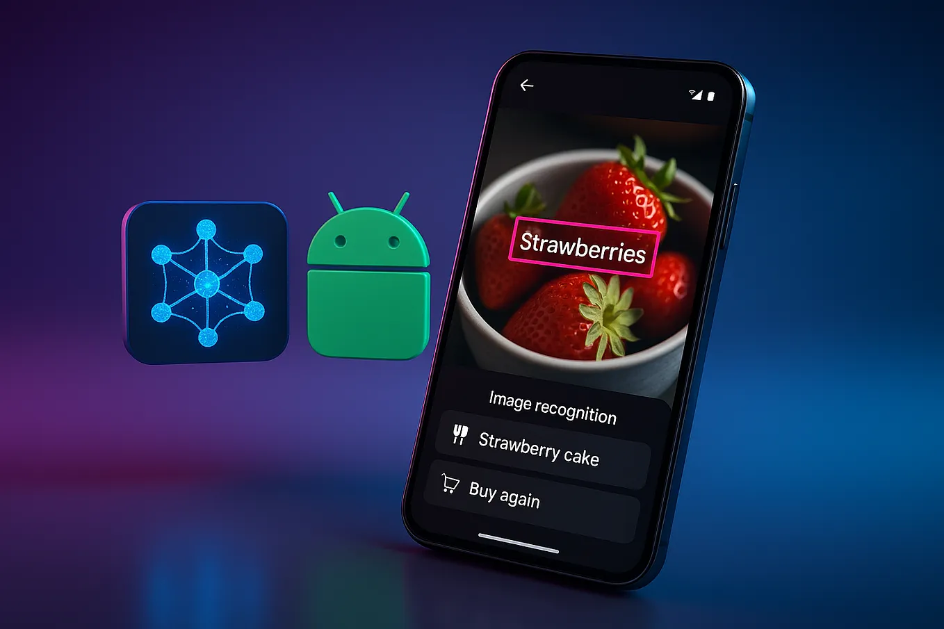 Google ML Kit and Android logos with AI neural network patterns, realistic 3D smartphone displaying image recognition interface, text detection overlay, and recommendation cards, floating over a gradient background from deep purple to electric blue with cinematic lighting and reflections.