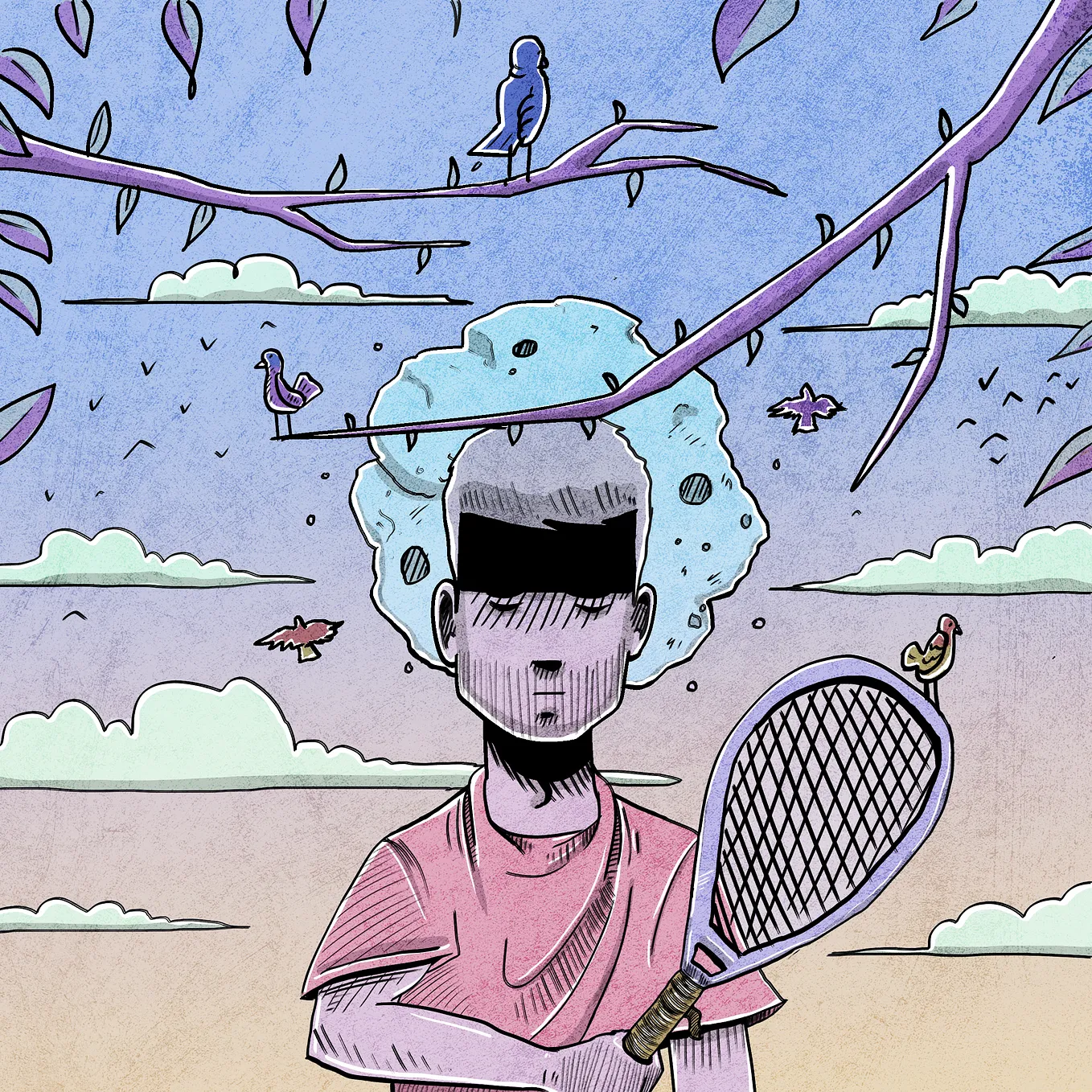 A man stands with his tennis racket. There’s an asteroid directly behind his head, crowning him. Birds are going wild.