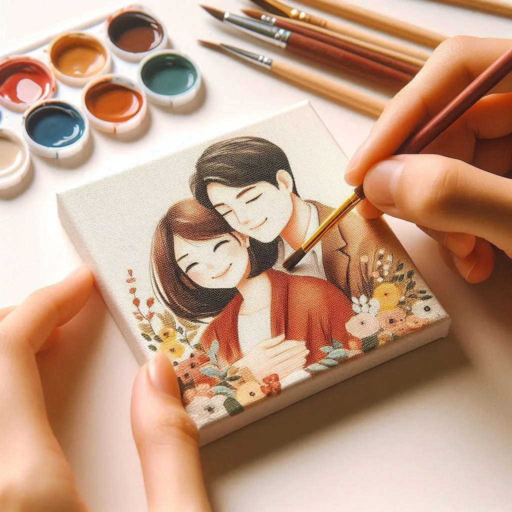 Painting of a young couple on a square canvas. Brown shades.