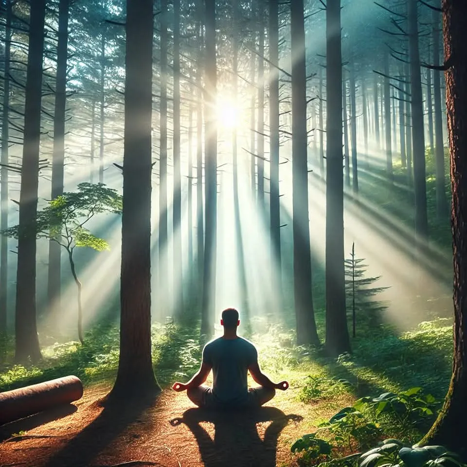 Person meditating in a peaceful forest, bathed in sunlight and surrounded by nature