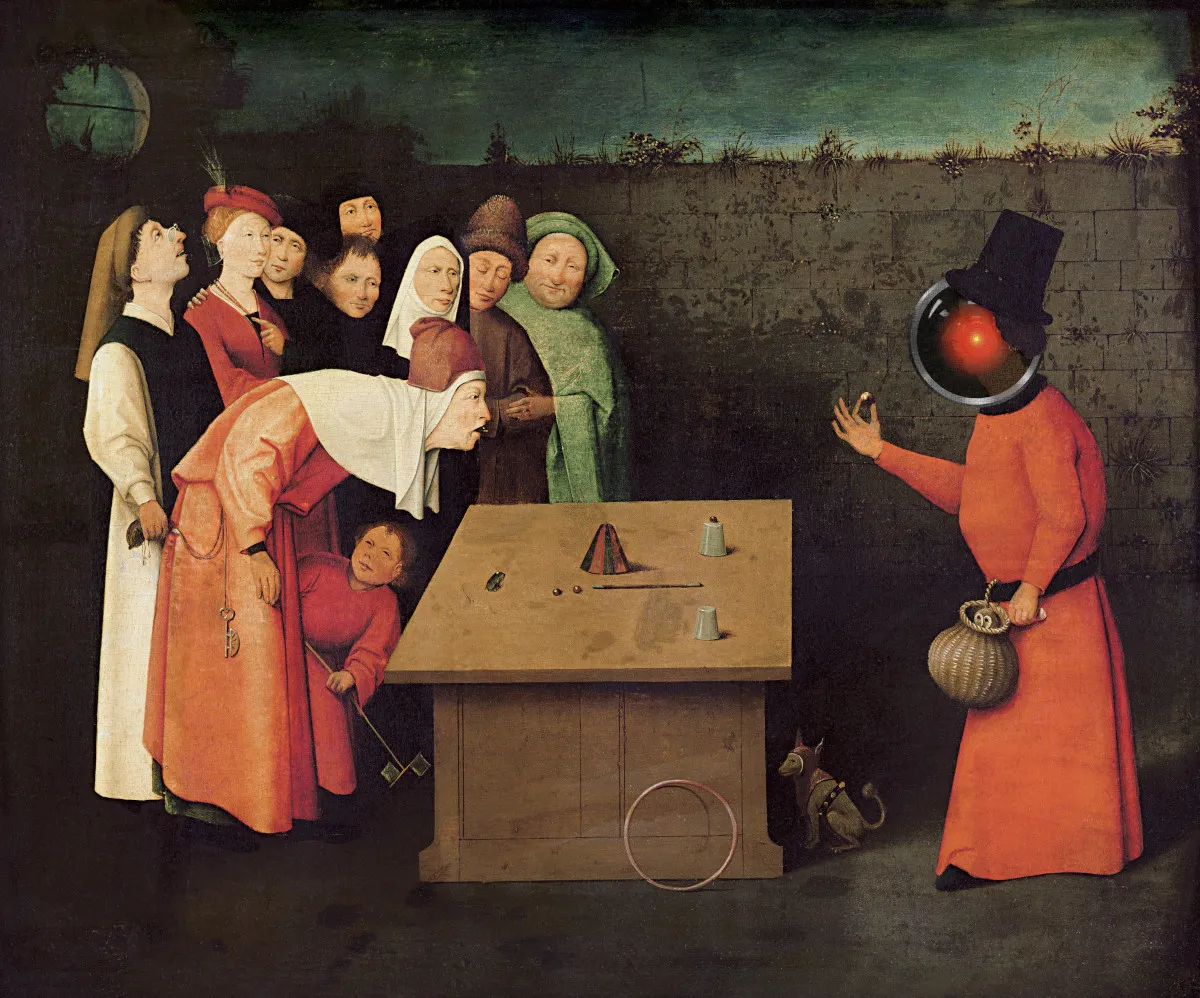 Hieronymus Bosch’s painting ‘The Conjurer,” which depicts a con artist playing a shell game with a bunch of gawping medieval yokels. The conjurer’s head has been replaced with the menacing red eye of HAL 900 from Stanley Kubrick’s ‘2001: A Space Odyssey.’ Image: Cryteria (modified) https://commons.wikimedia.org/wiki/File:HAL9000.svg CC BY 3.0 https://creativecommons.org/licenses/by/3.0/deed.en
