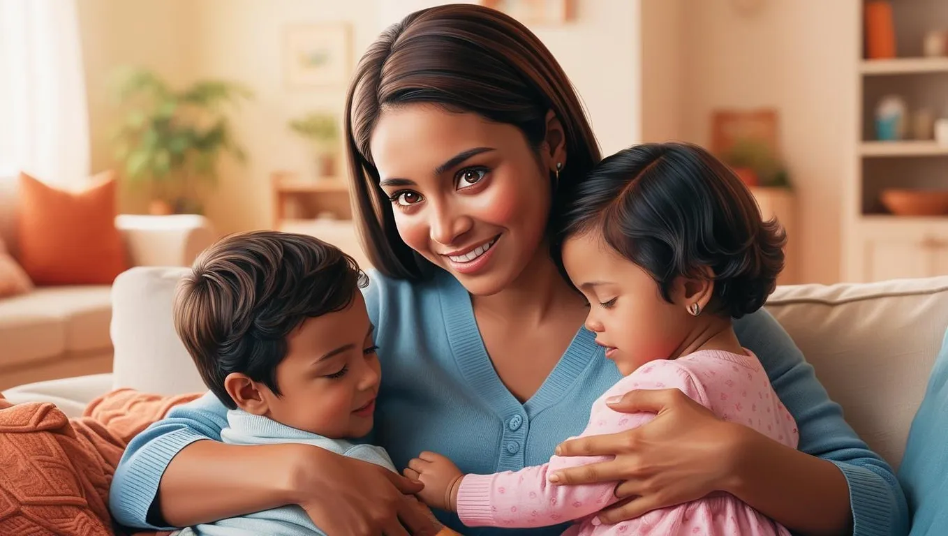 A Latina mother comforting her two small children