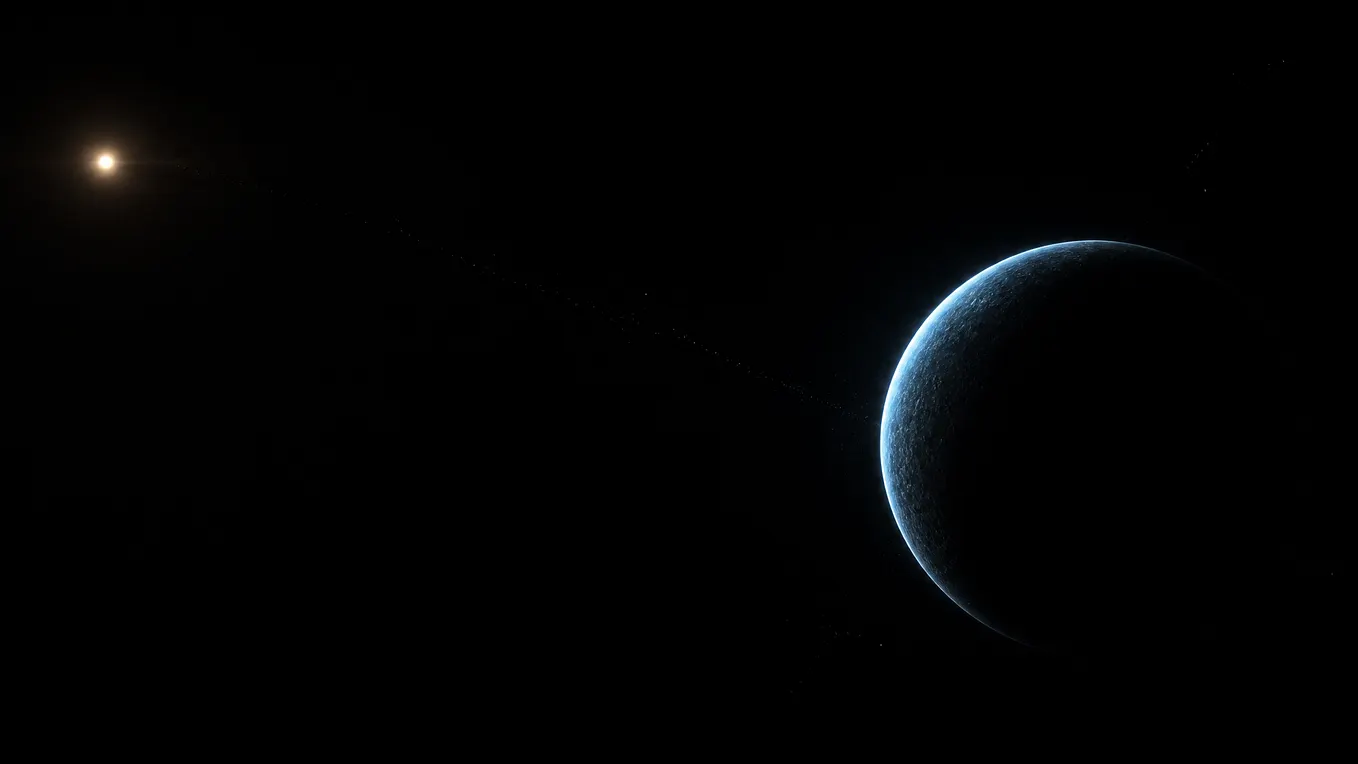 A minimalist space illustration showing a large, dark planet on the right side with a thin, glowing icy-blue crescent edge. In the far distance on the left, the Sun appears as a tiny, bright spark in a vast, dark black void, suggesting incredible distance. The style is dramatic and cinematic with significant empty space.