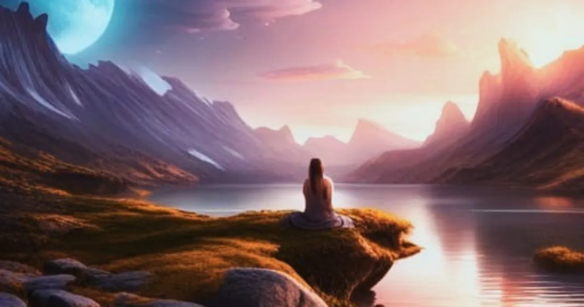 An image of a young woman sitting by a body of water with mountains and a sunset in the background.