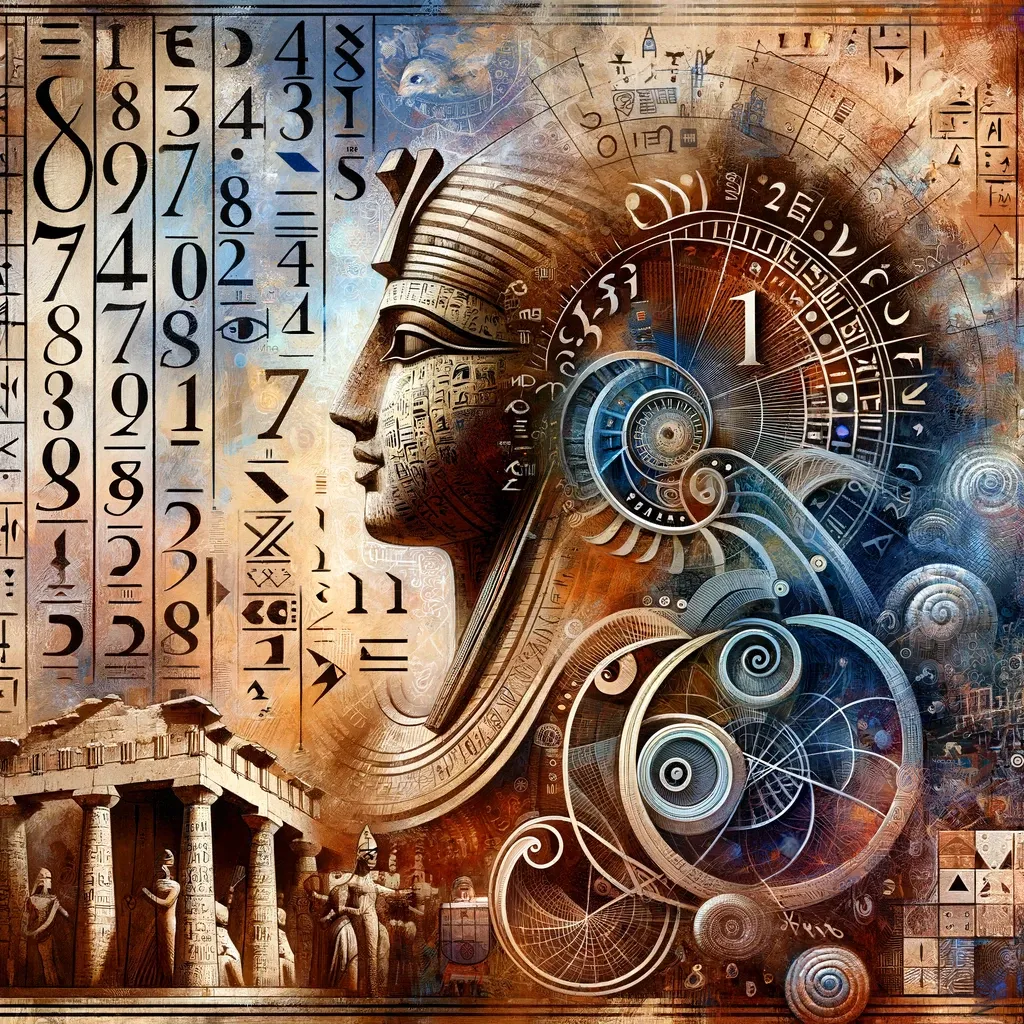 This image artistically combines ancient and modern numerical systems. It features Egyptian hieroglyphs, Babylonian cuneiform digits, Roman numerals, and Hindu-Arabic numerals. These elements are intertwined in a harmonious composition against a background collage that includes a pharaoh, the Colosseum, and ancient astronomical charts.