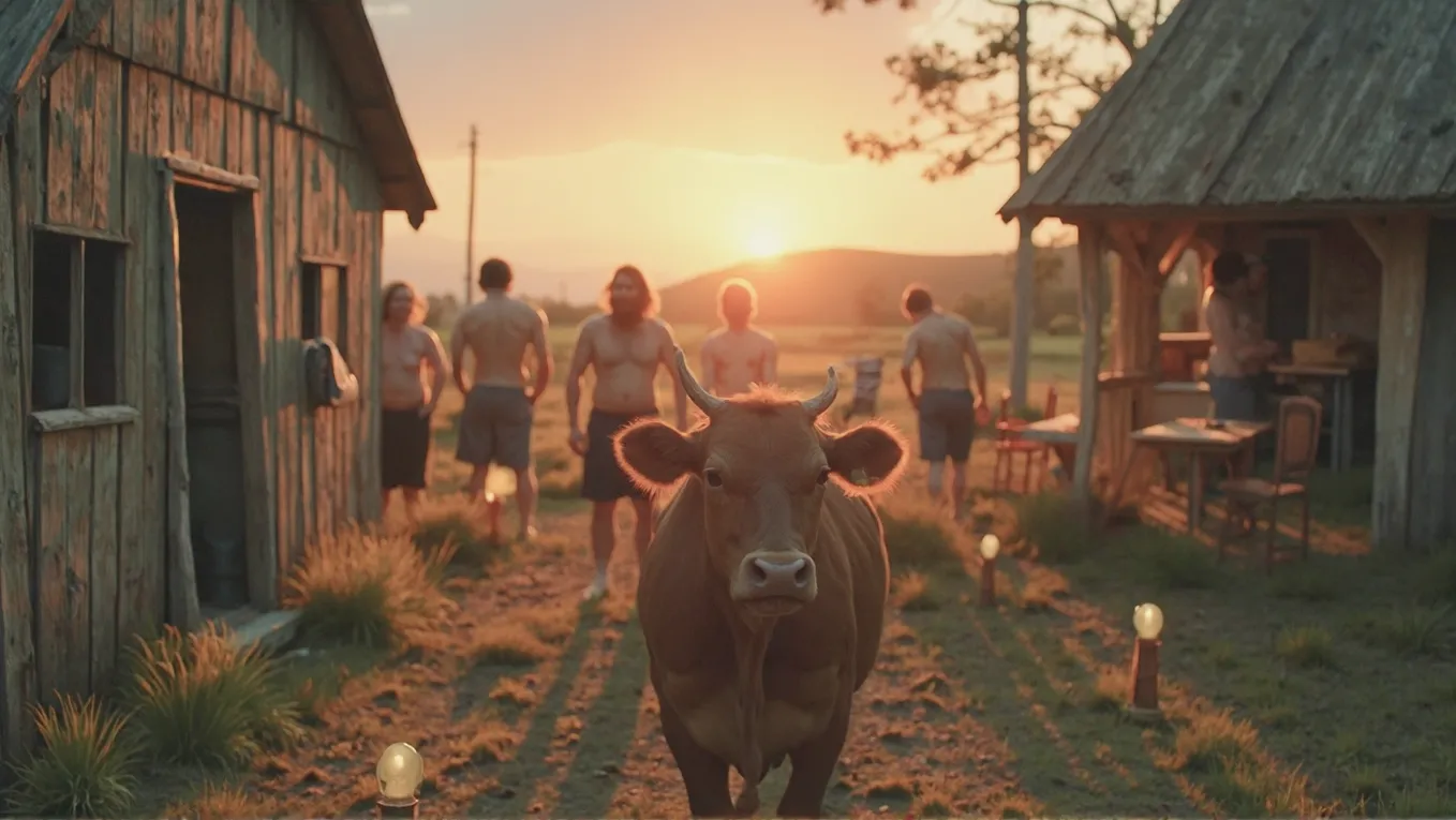 A cow is looking at the camera at sunset on a farm.