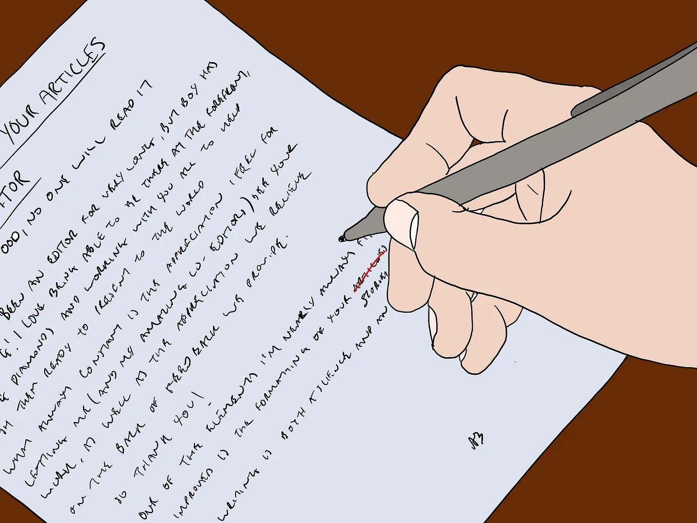 Illustration of someone editing writing on a piece of paper