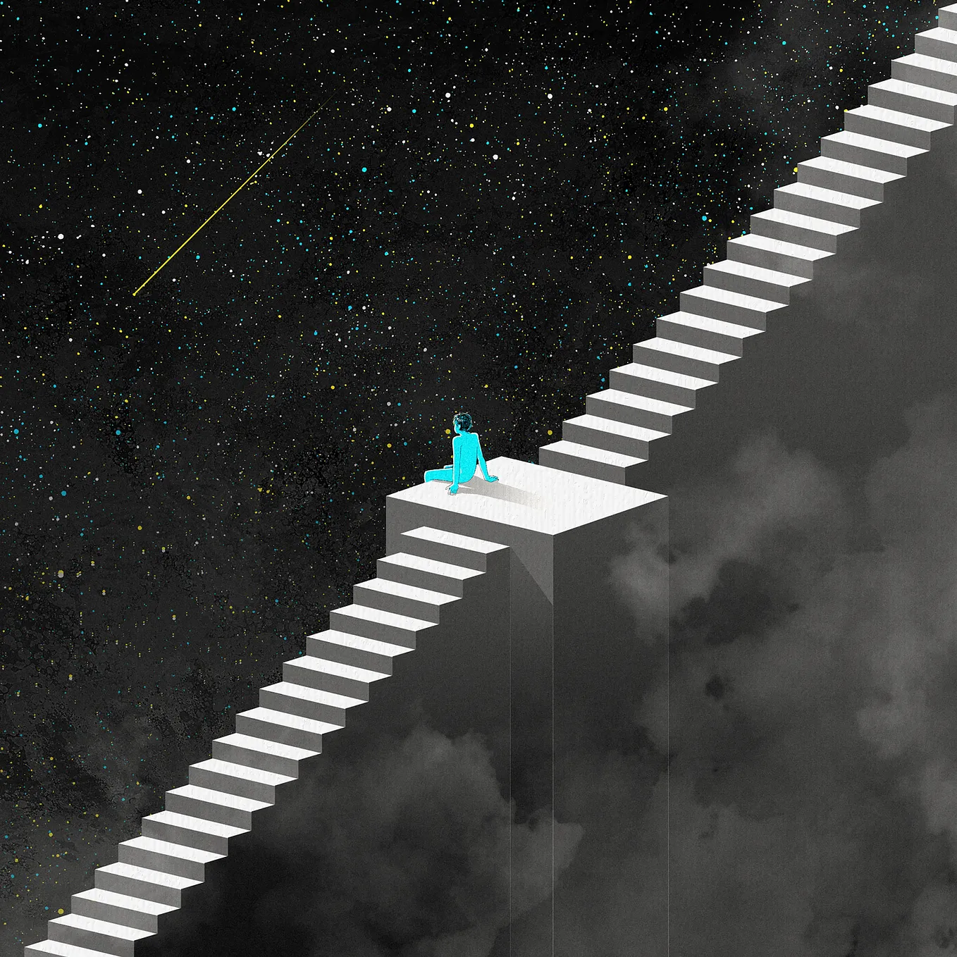 The image depicts a person sitting on a platform at the top of a seemingly endless staircase. The staircase is white and extends upwards into a dark, starry sky. A shooting star streaks across the sky, and the person appears to be gazing at it. The overall mood of the image is one of contemplation and wonder.