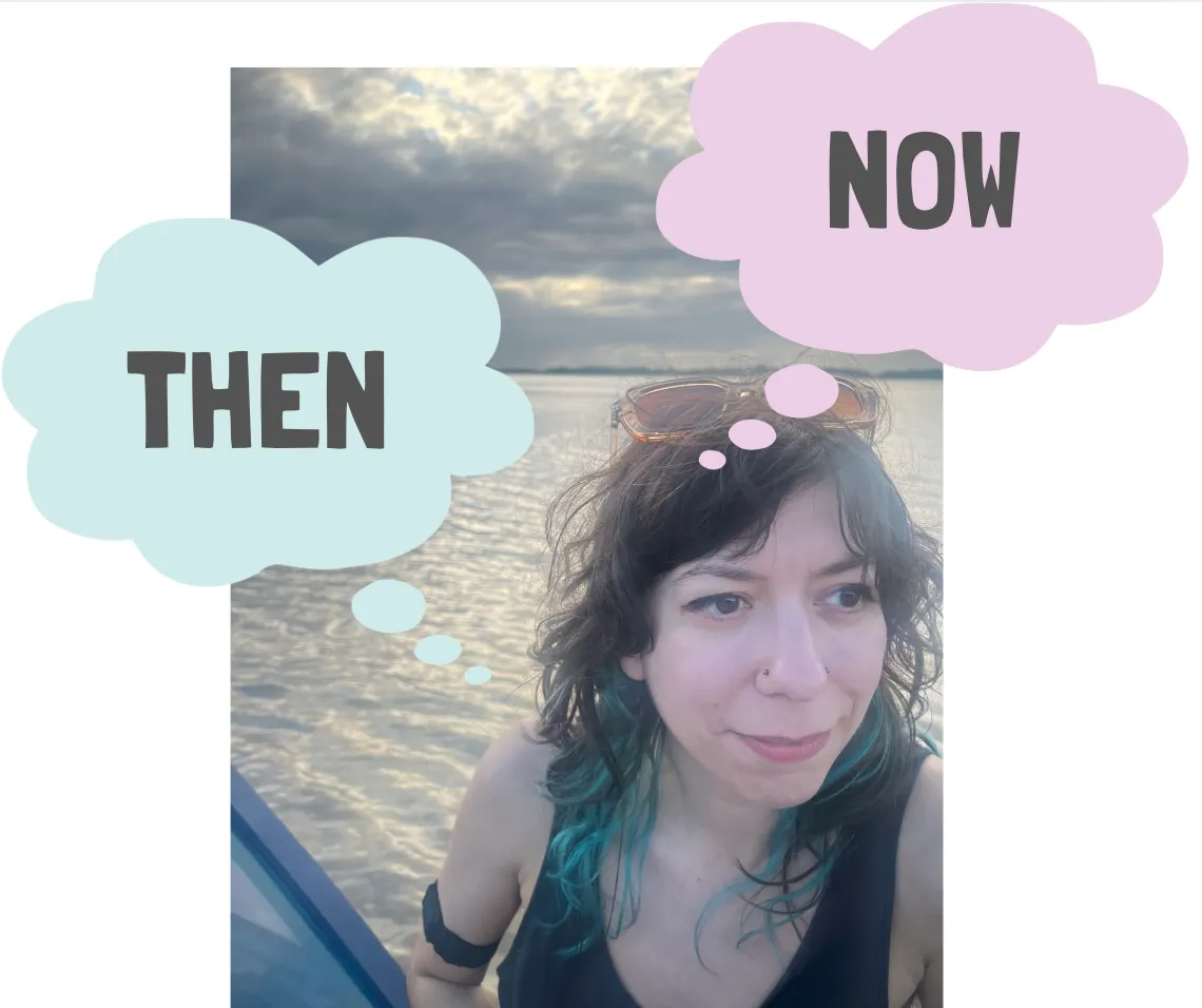 一張照片中，作者望向遠方，身後陽光穿過雲層。照片中有兩個思維泡泡，分別寫著「過去」和「現在」。