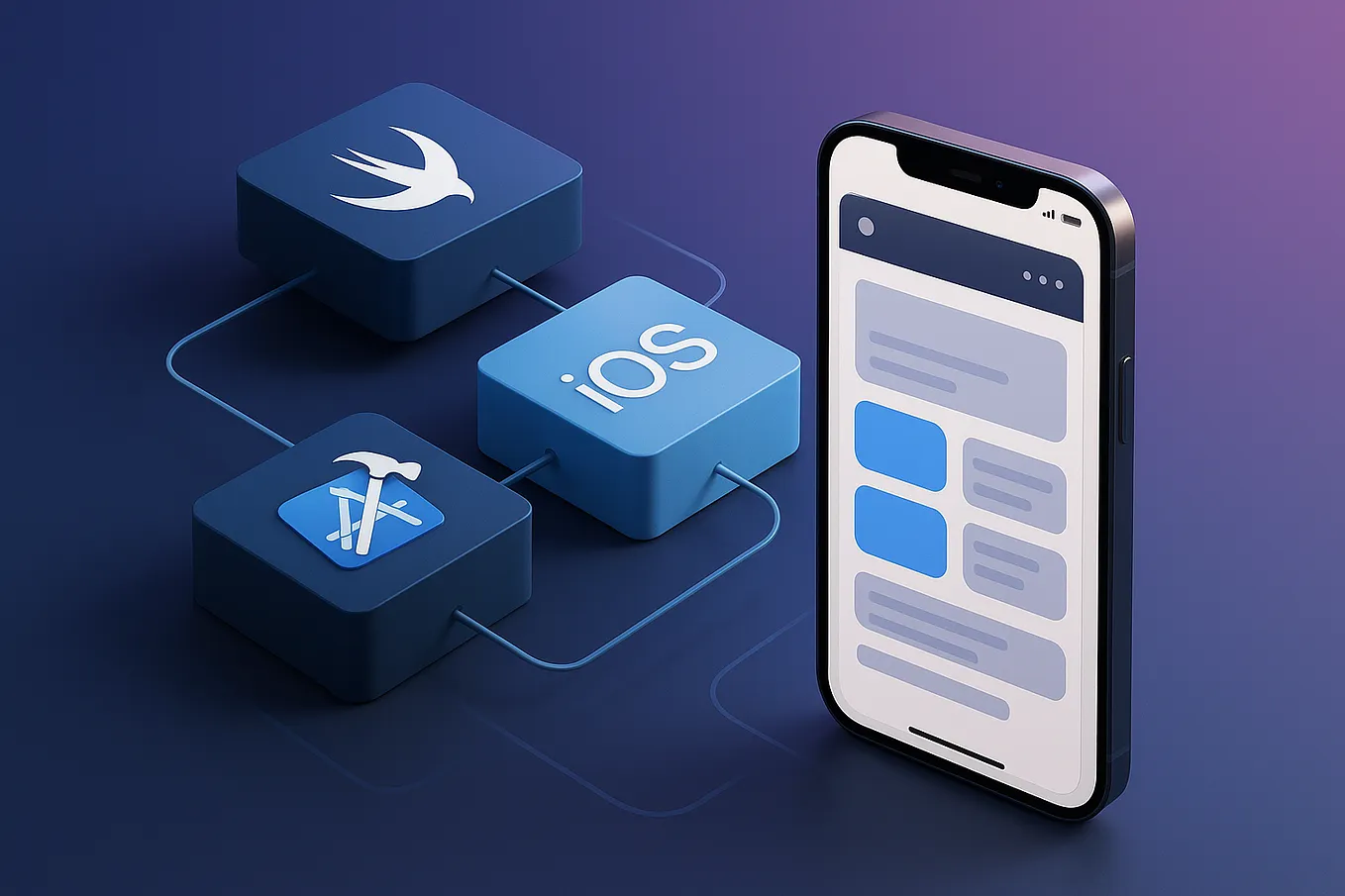 3D illustration of interconnected modular blocks and iOS framework logos (Swift, Xcode) with gradient background showing modular app architecture and data flow connections