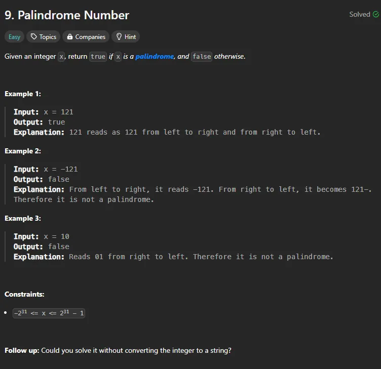 Palindrome Number (Easy) — LeetCode