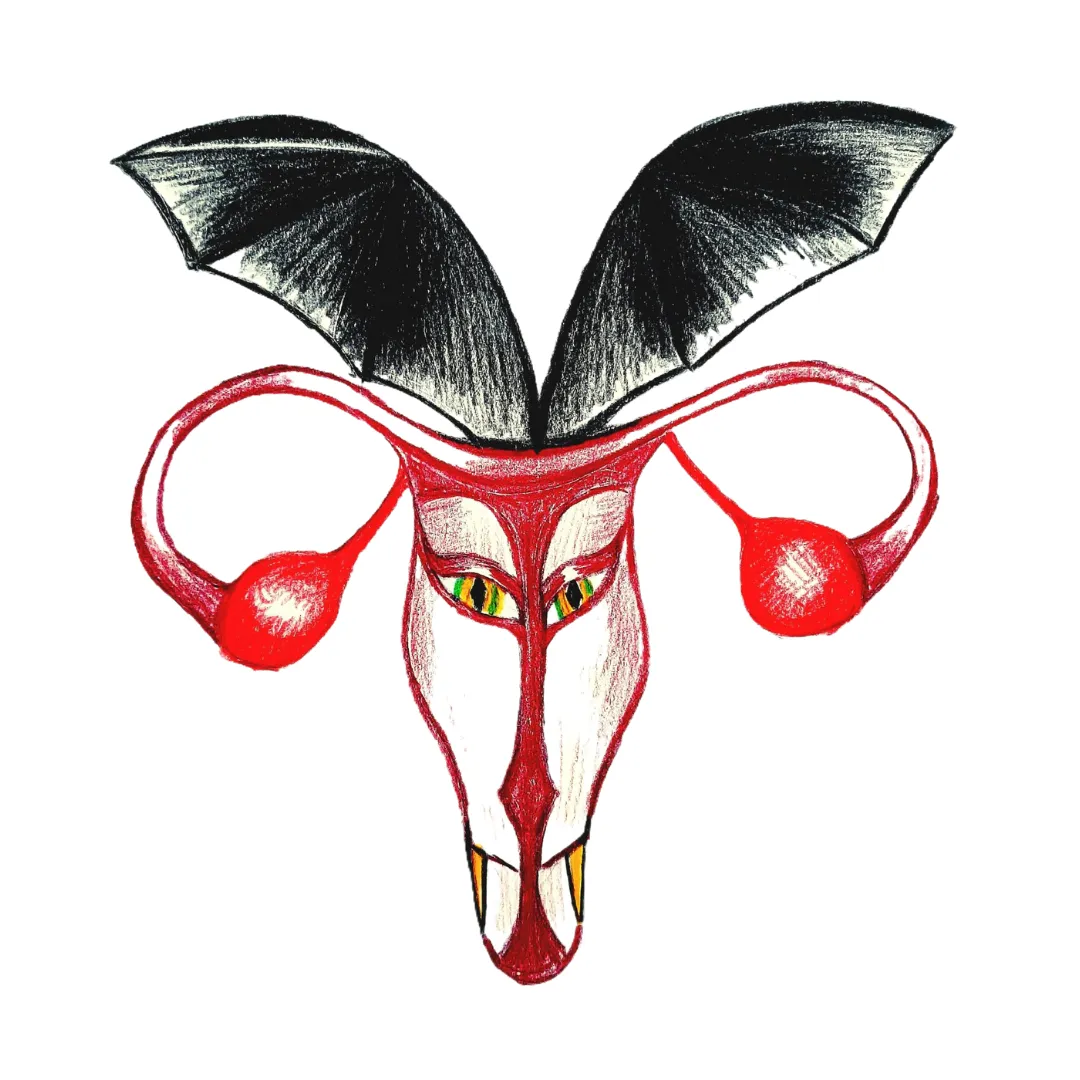 An illustration of ovaries with an evil face, fangs and vampire bat wings. The ovaries and face are red, the eyes are yellow and green, the fangs are yellow and the wings are black.