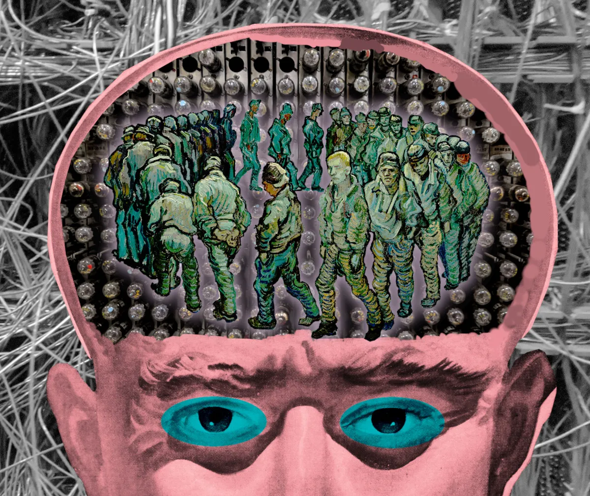 A science-fiction pulp illustration of a man with a swollen, bald head that has been cut away to reveal its contents. The man’s face has been cropped at the bridge of his nose, leaving just the swollen, hollow head, cheekbones, and staring eyes, the last of which have been covered with blue ovals. The hollow head has been filled with the trudging figures from Van Gogh’s ‘The Prisoners,’ marching over a grid of vacuum tubes from an early computer. The background of the image is the wiring from an