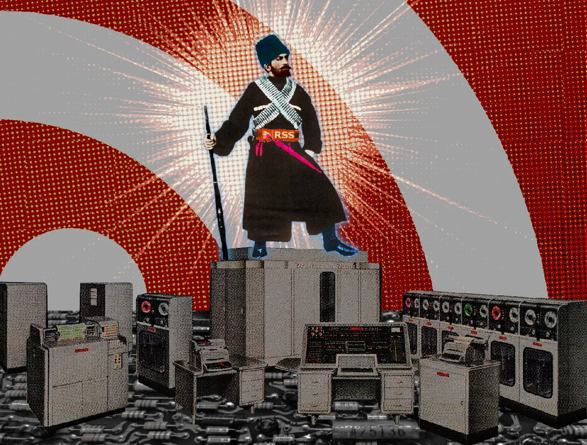 A rifle-bearing, bearded rebel with crossed bandoliers stands atop a mainframe. His belt bears the RSS logo. The mainframe is on a floor made of a busy, resistor-studded circuit board. The background is a halftoned RSS logo. Around the rebel is a halo of light.