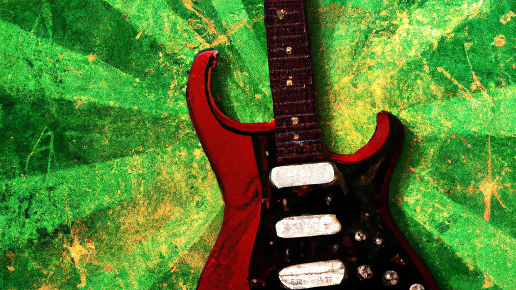 Digital art of a red electric guitar on a green starburst background.